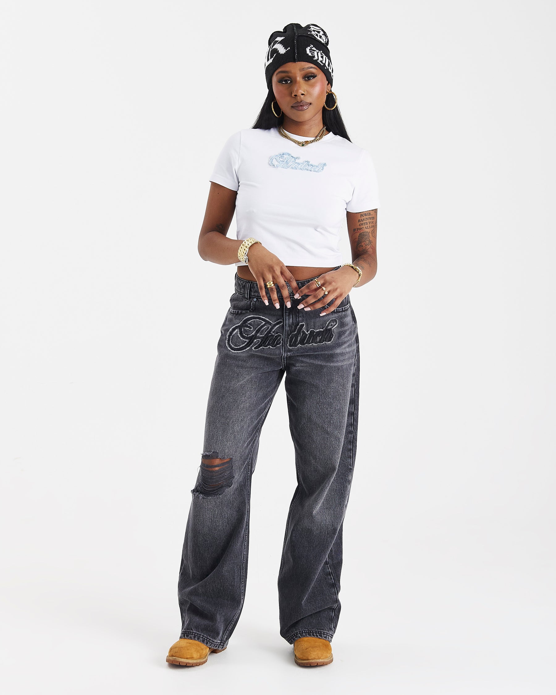 Script Wide Leg Jeans - Black Wash/White