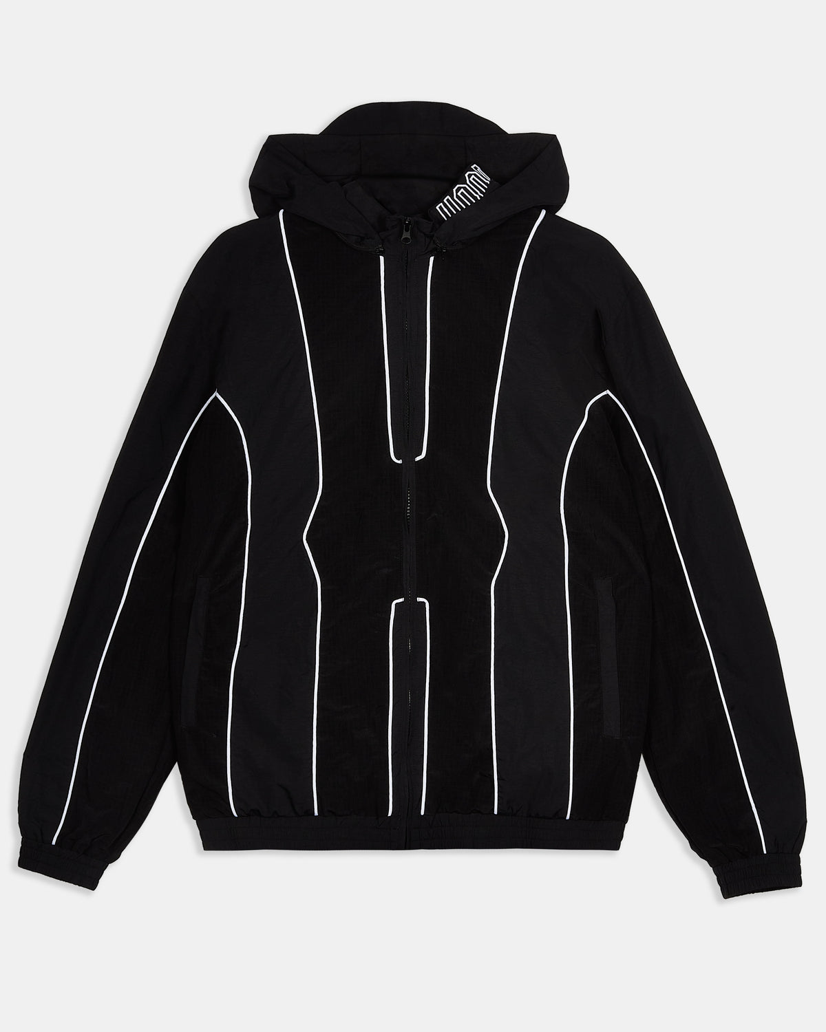 Black hoodie with white lines on a light gray background