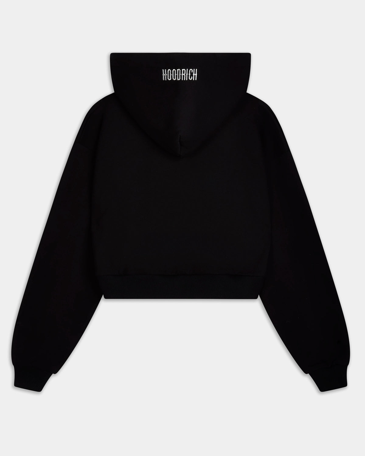 Displays the black 'Hoodrich' branded Solace V2 Boxy Z/T Hoodie