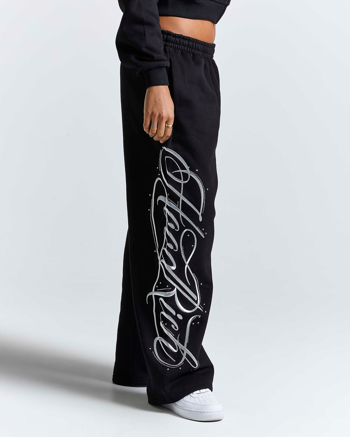 Jogger Oversize a Gamba Larga Solace - Nero/Strass Argento