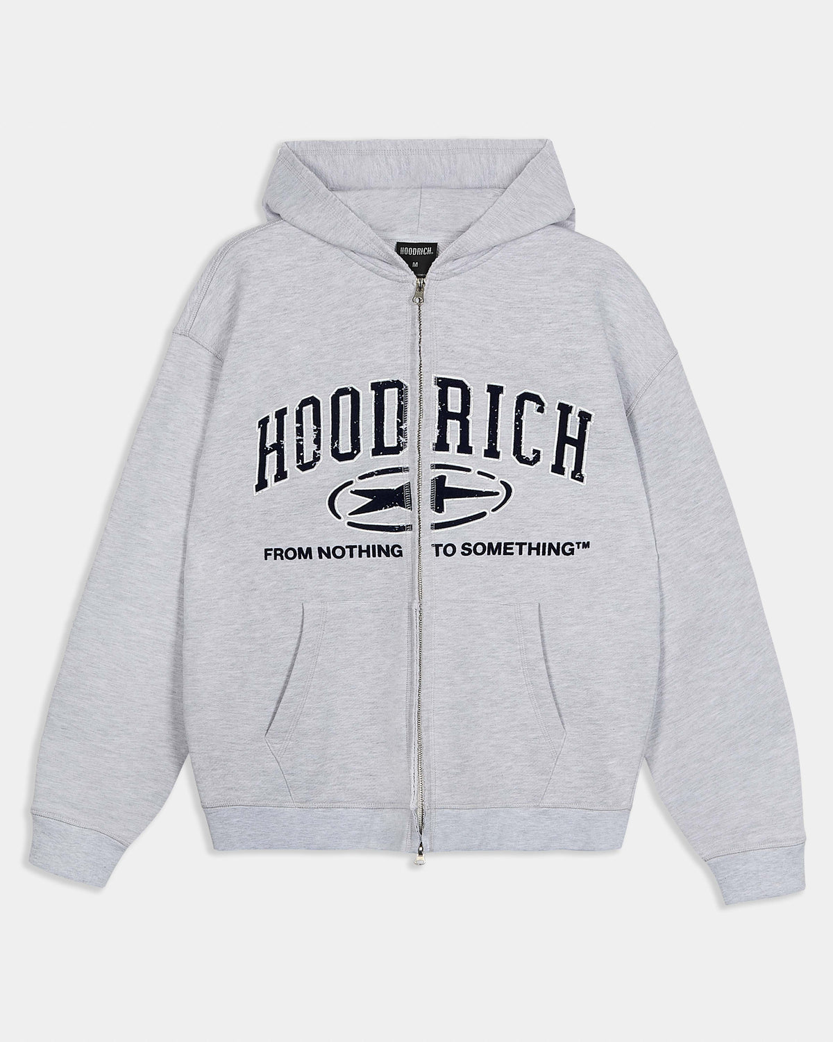 Gray hoodie with 'Hood Rich' text and logo on a white background