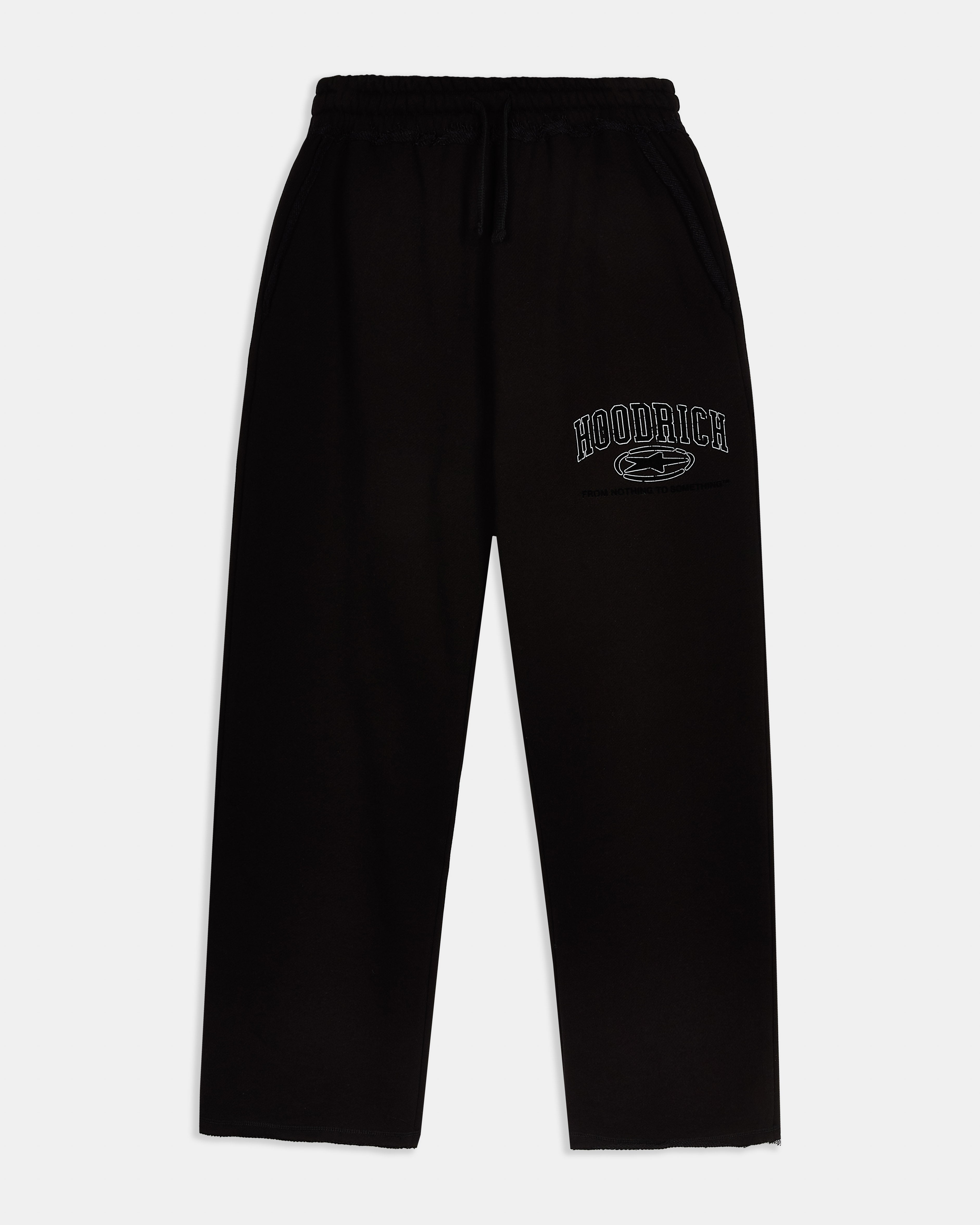 Black wide-leg joggers featuring a high-waisted elasticated waistband and side pockets.