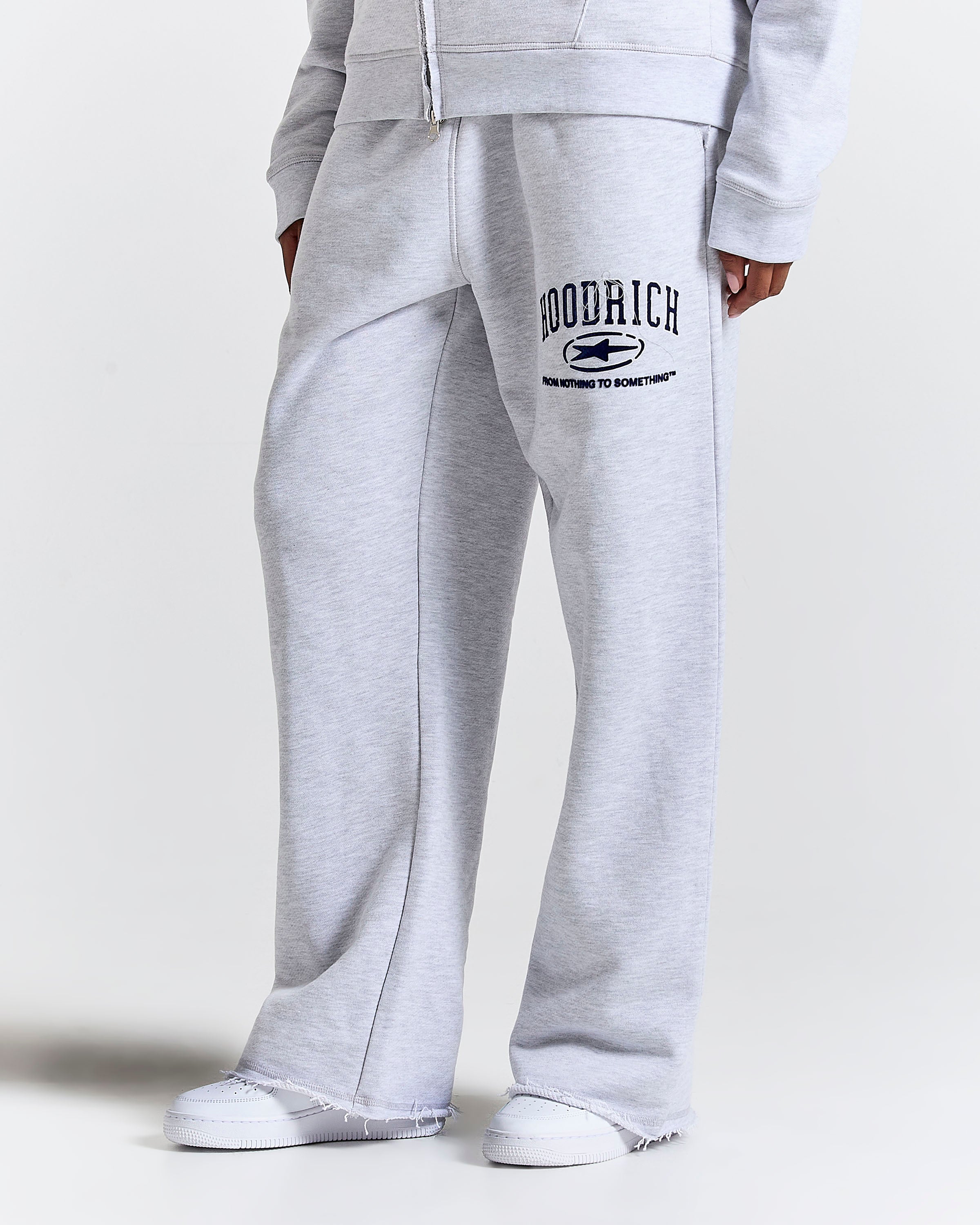 Gray sweatpants with a brand logo on a white background