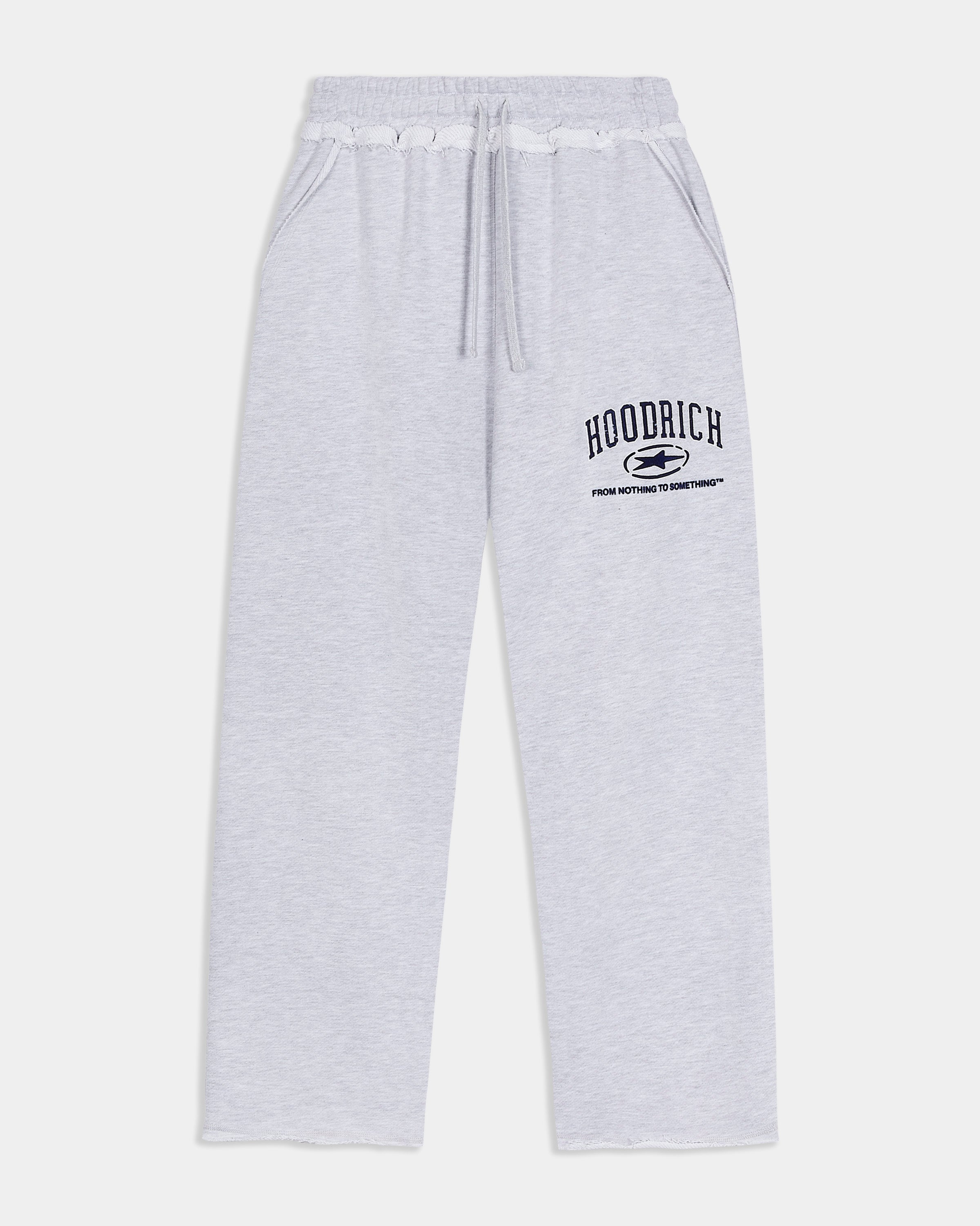 Gray sweatpants with 'Hoodrich' logo on a white background