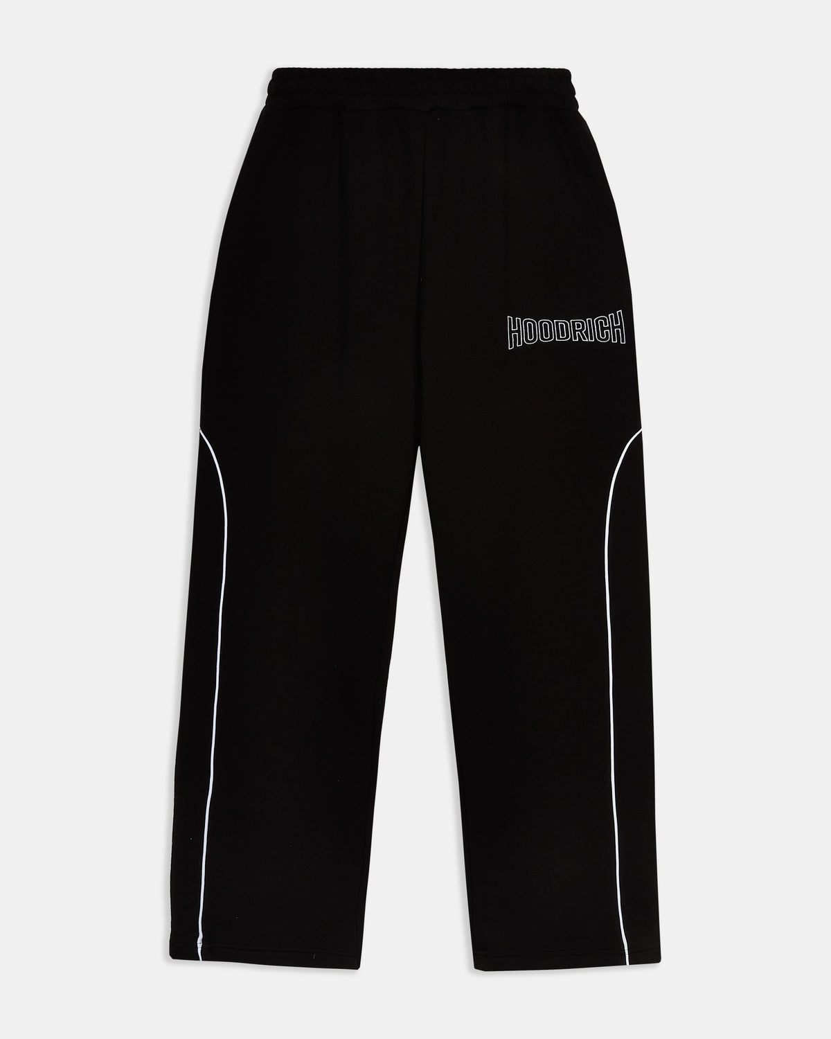 Oversized black joggers with white piping detail and Hoodrich logo embroidery.