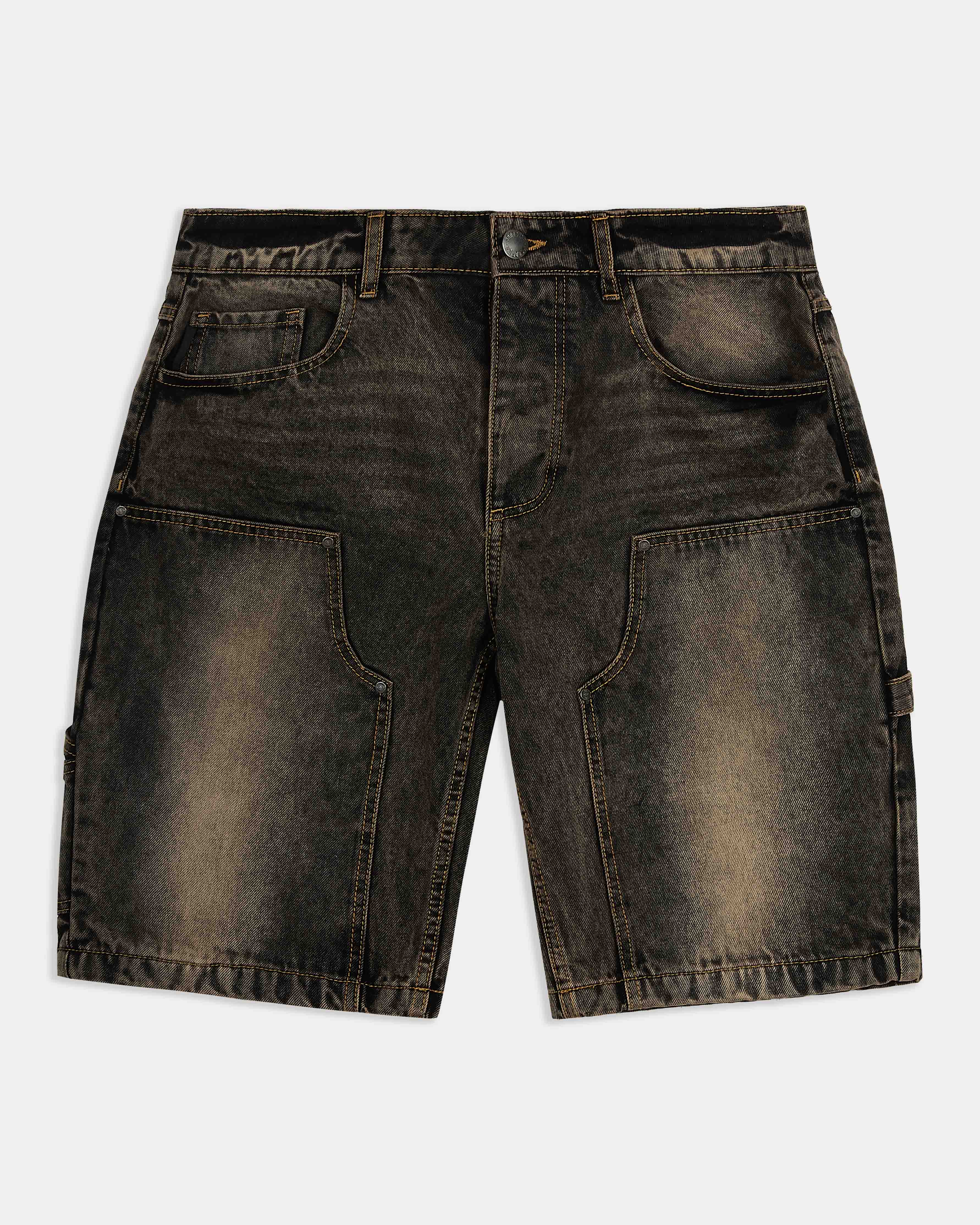 Regular fit black rust washed denim jorts featuring a Hoodrich logo embroidery on the pocket.