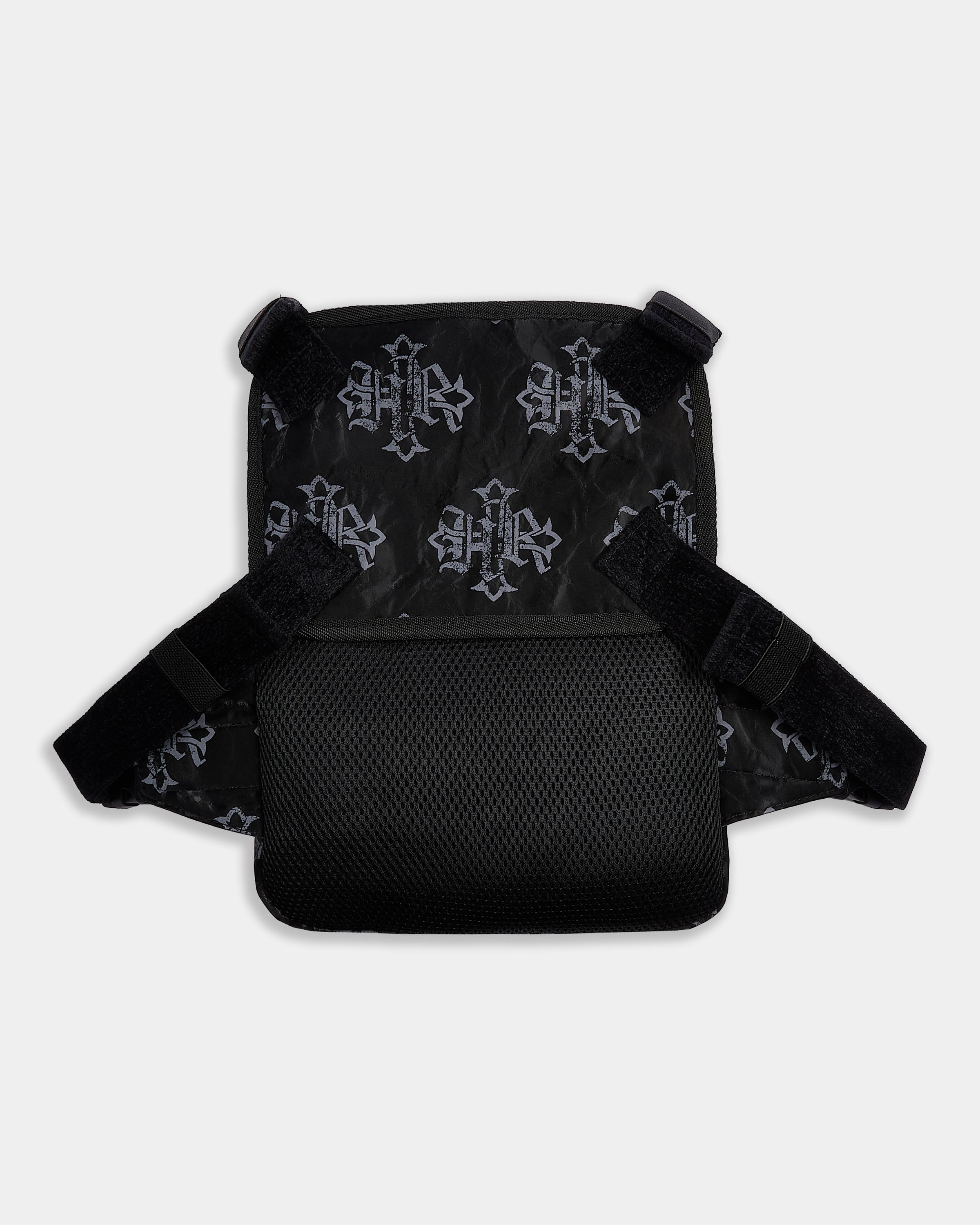 Black backpack with star patterns on a white background