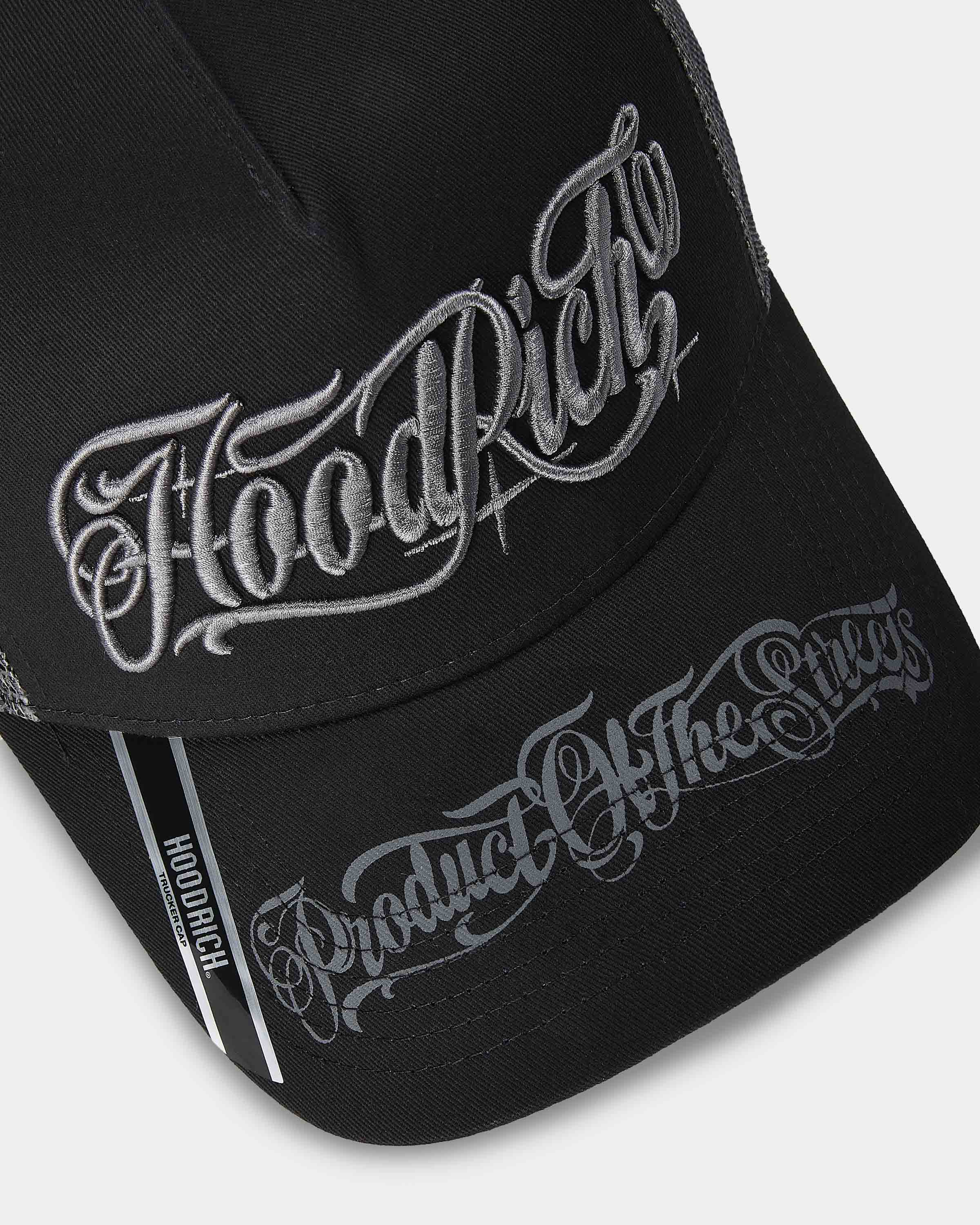 Black cap with 'Hoodrich' and 'Product Of The Streets' text on a white background