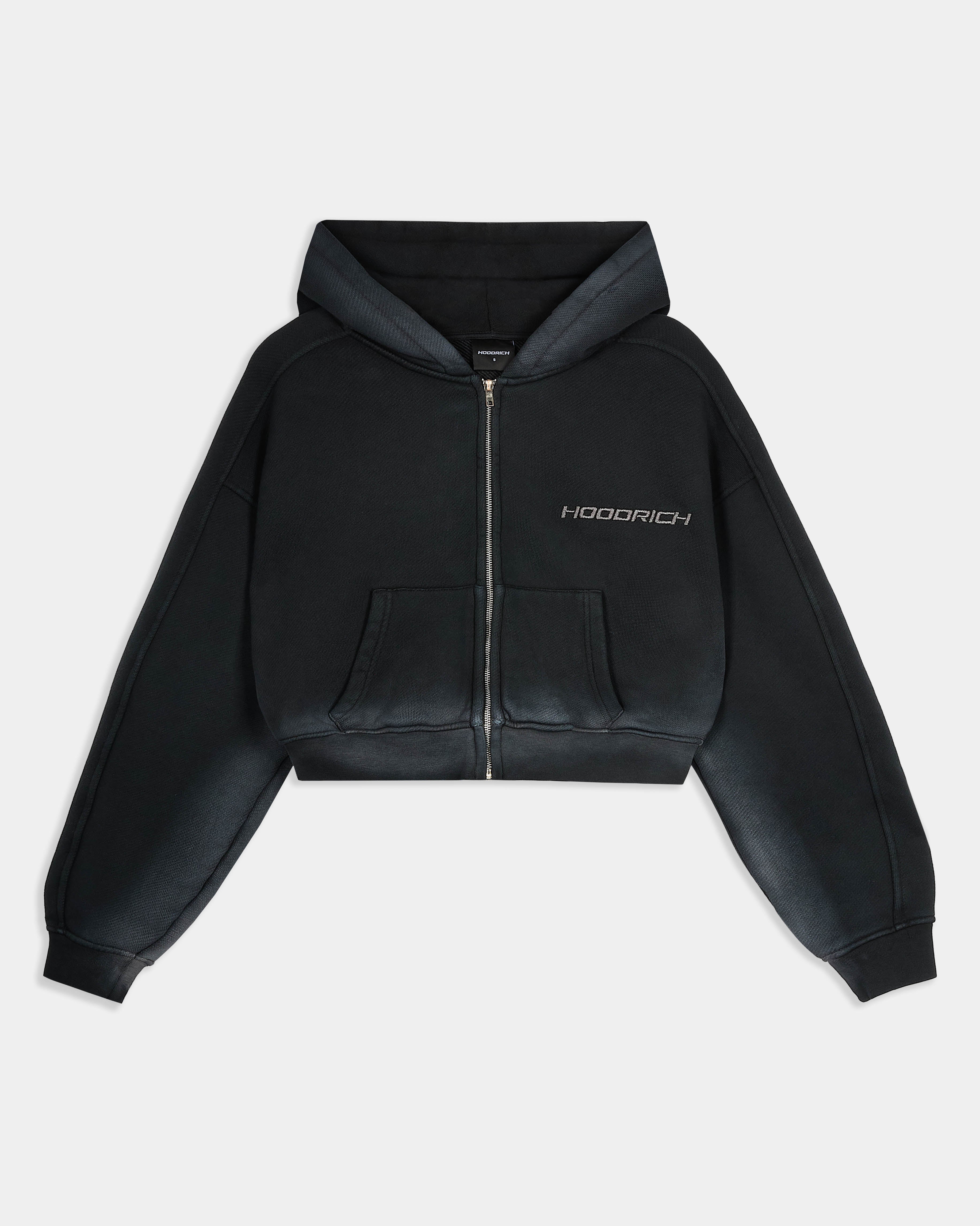 Black cropped zip-up hoodie featuring a Hoodrich logo on the chest and a front kangaroo pocket.