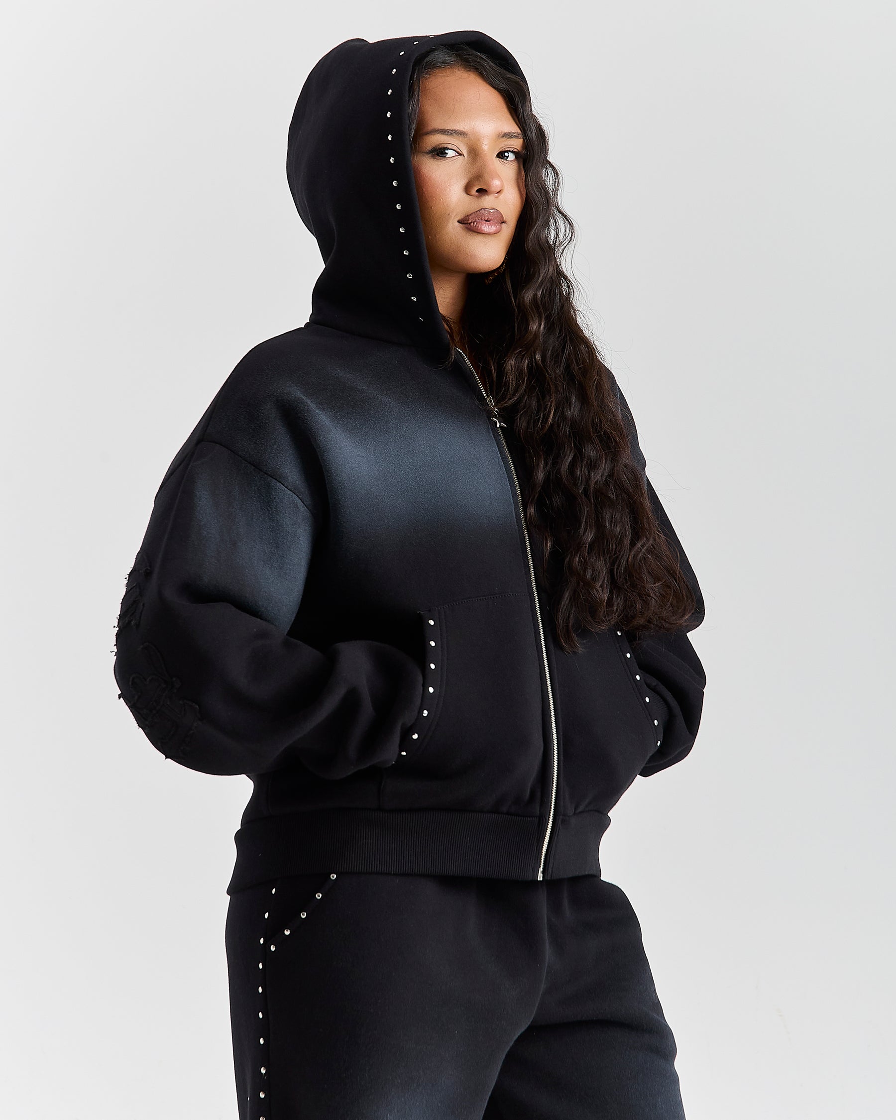 Aspen Mid Length Zip Hoodie - Black Wash
