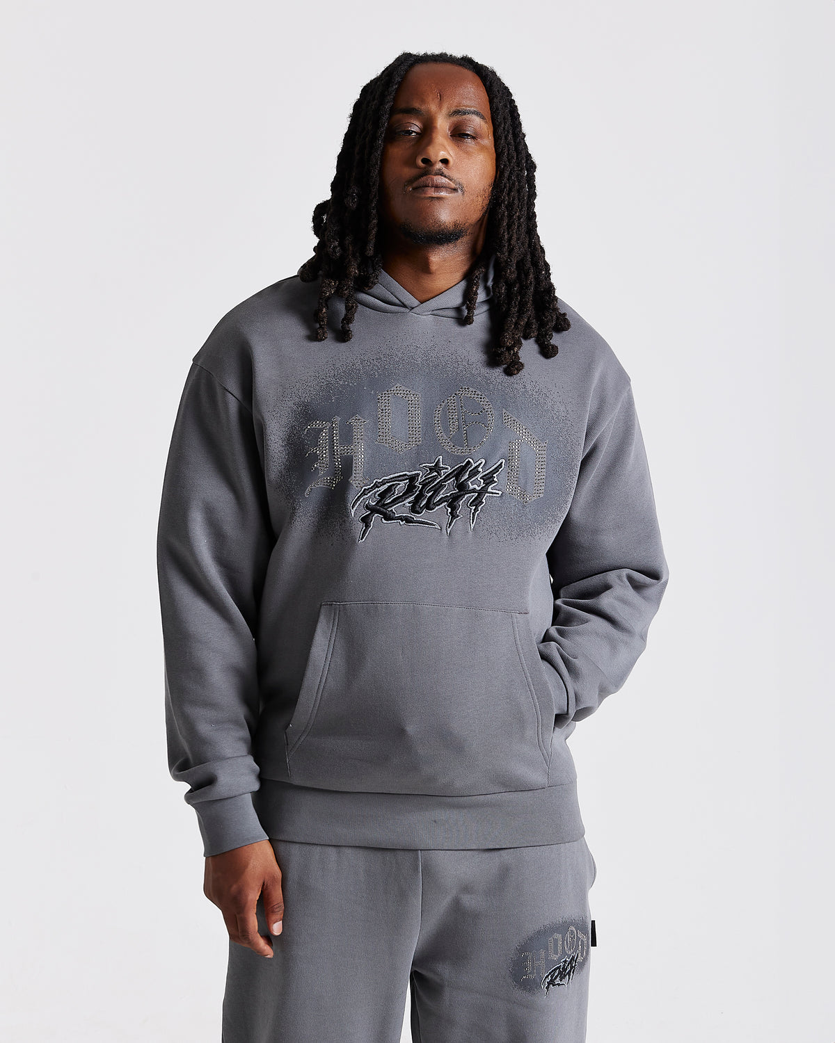 Men's Iron Oversized Full Tracksuit - Grey/Rhinestones