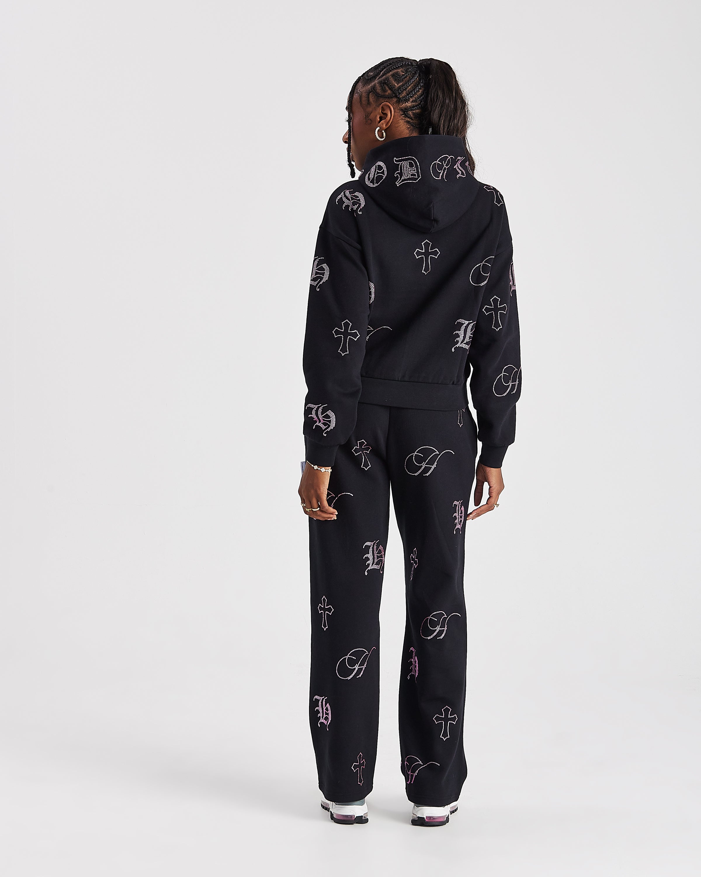 Pantaloni da jogging a gamba larga con cristalli - Nero/Strass rosa