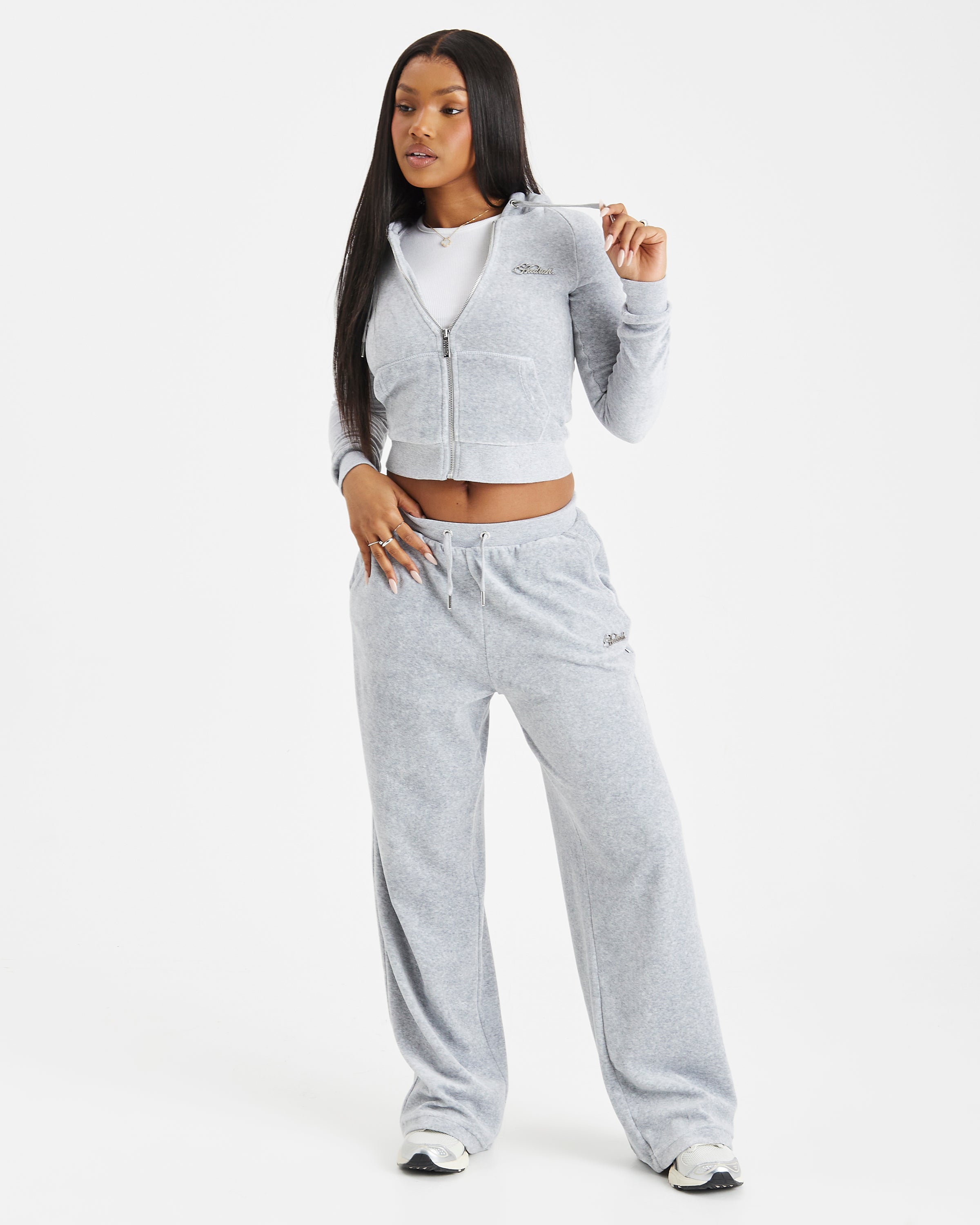 Felpa con cappuccio e zip in velluto a coste - Grigio/Argento/Strass