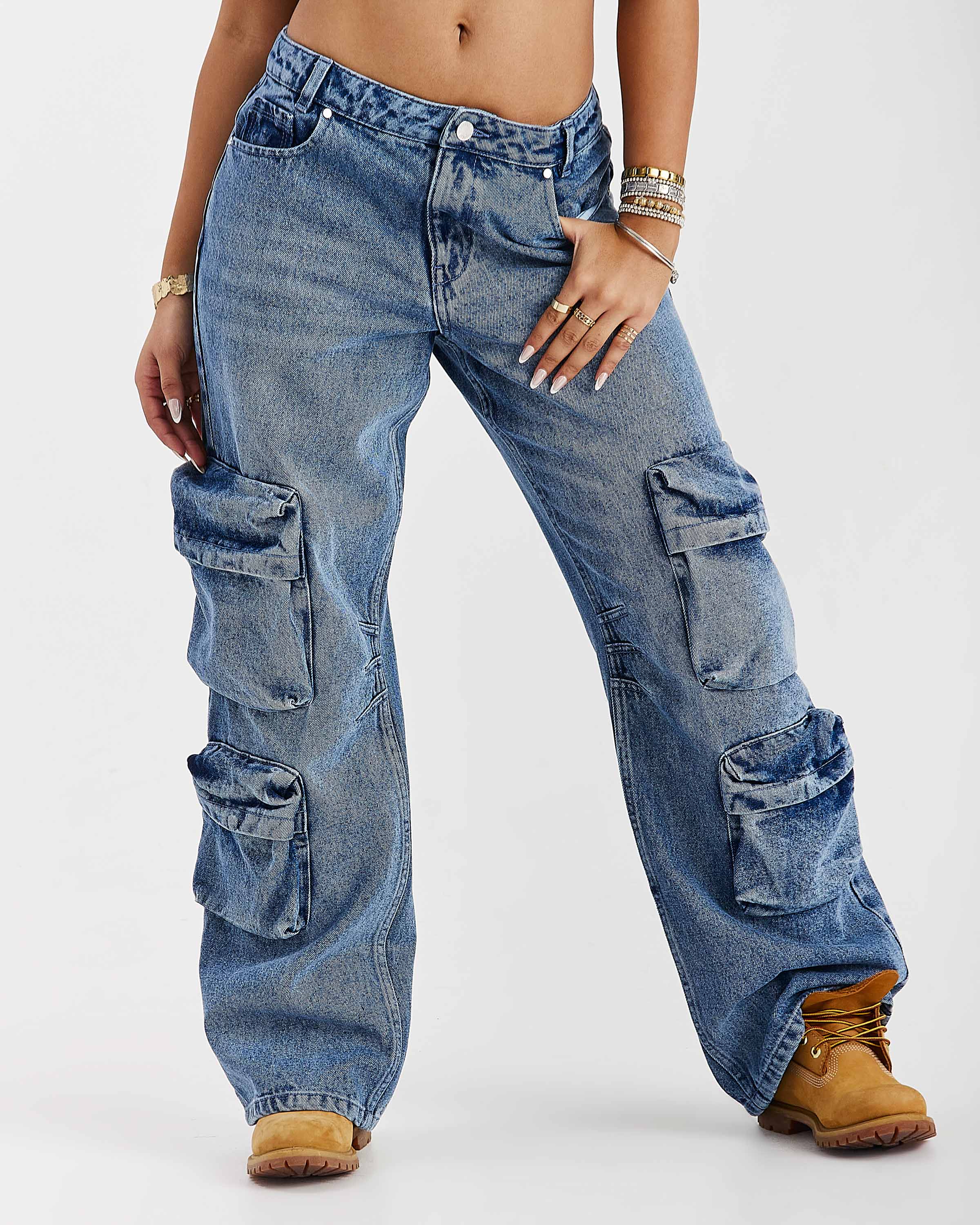Token Wide Leg Cargo Jeans - Washed Mid Blue