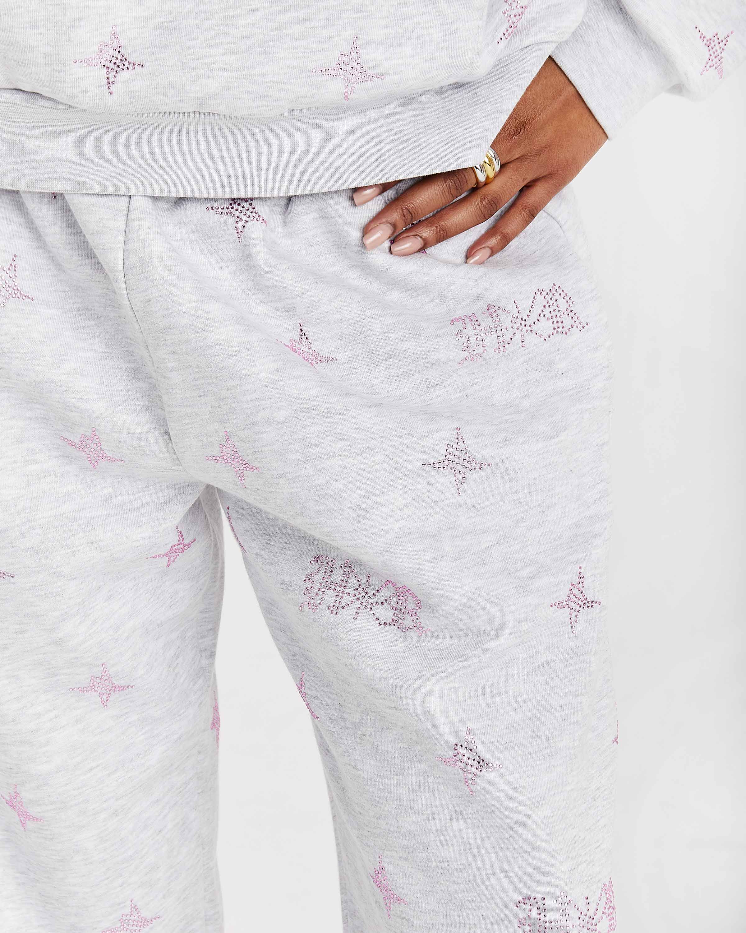Pantaloni da jogging oversize a gamba larga Razor - Grigio chiaro/Strass