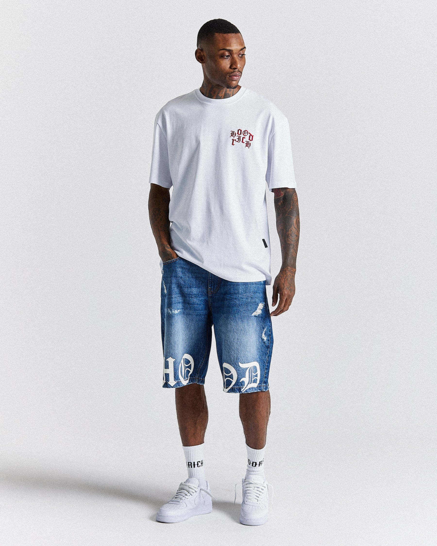 Old English Denim Short - Light Blue/White