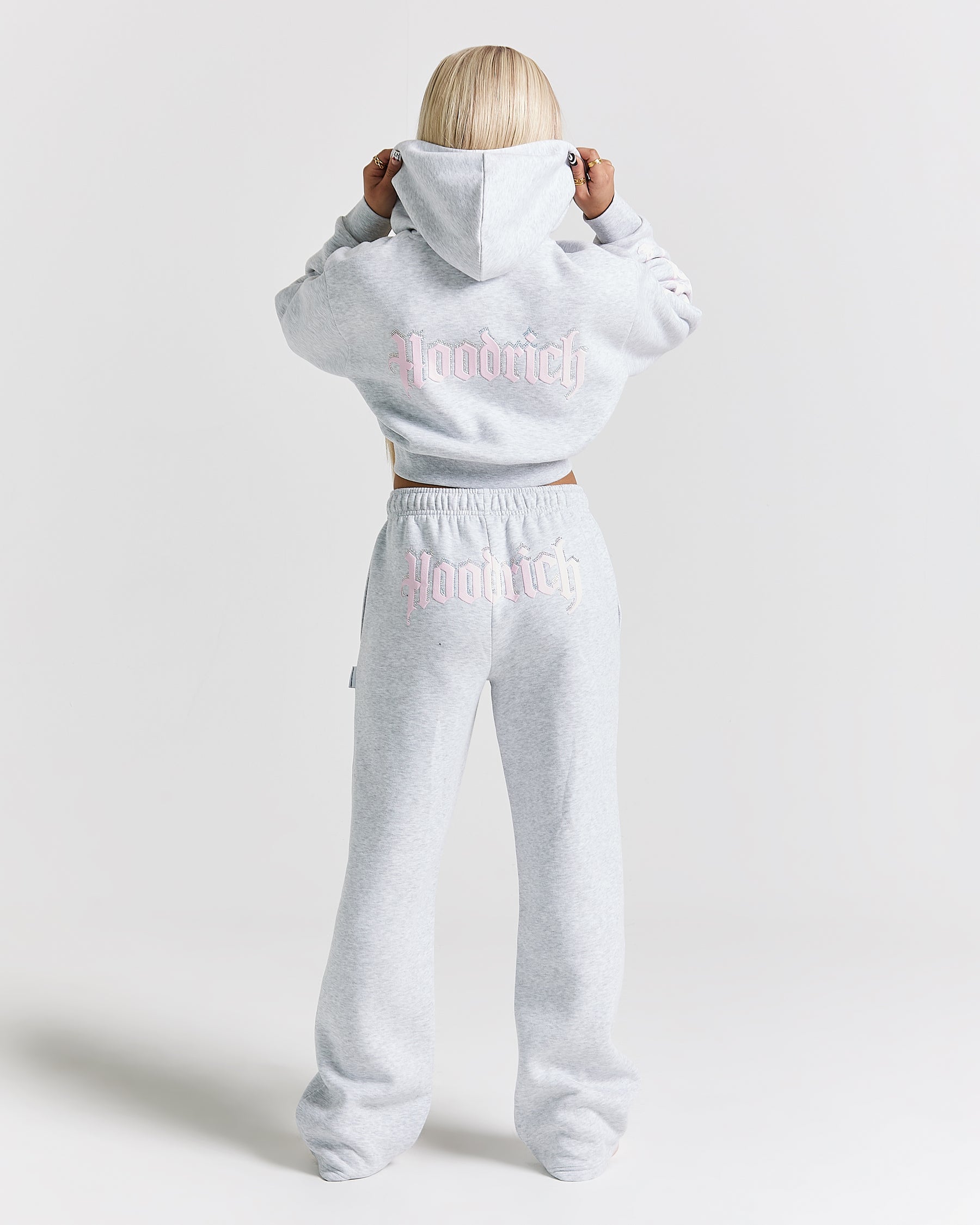 Totem Cropped Zip Hoodie - Light Grey/Pink/Rhinestone