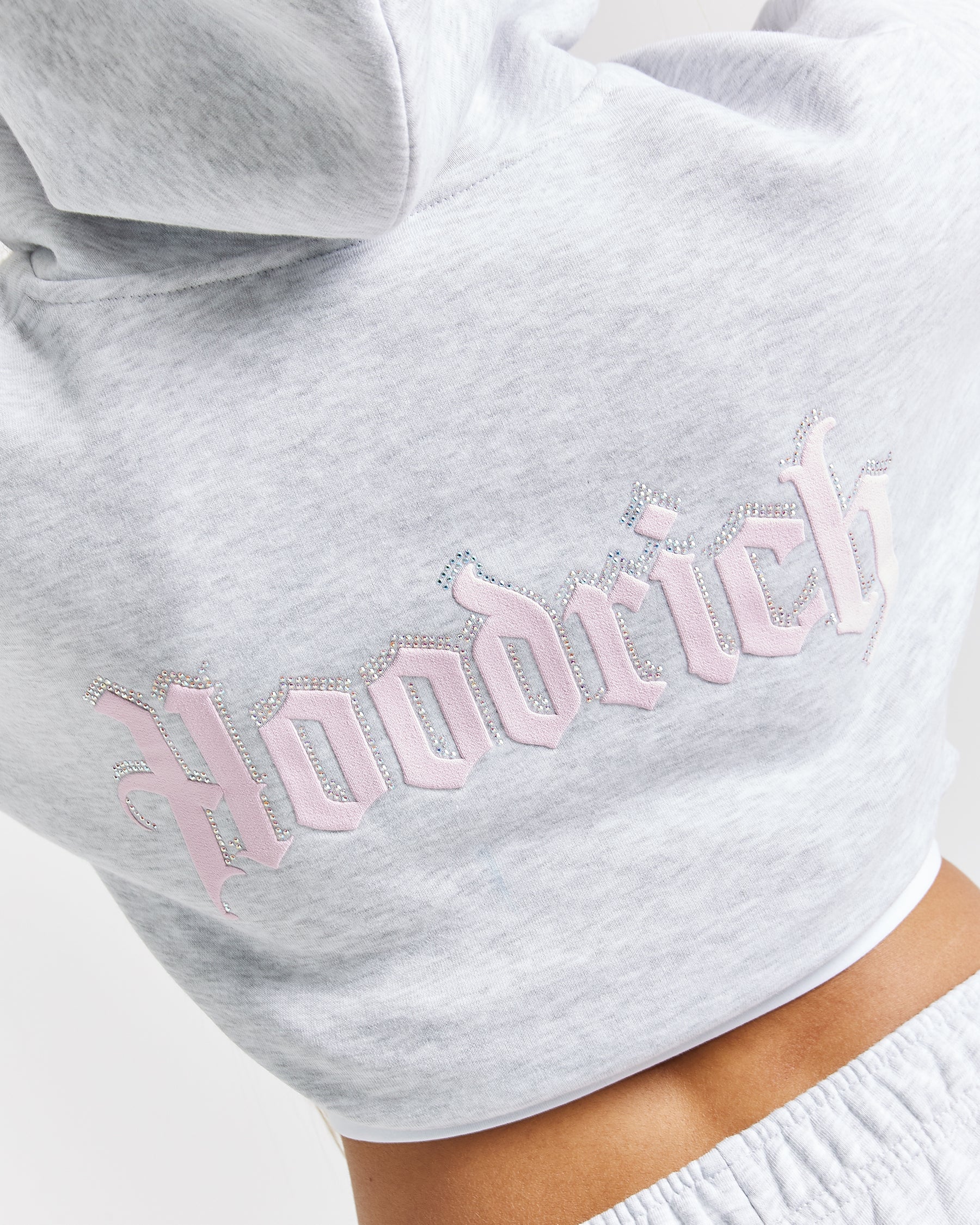Totem Cropped Zip Hoodie - Light Grey/Pink/Rhinestone