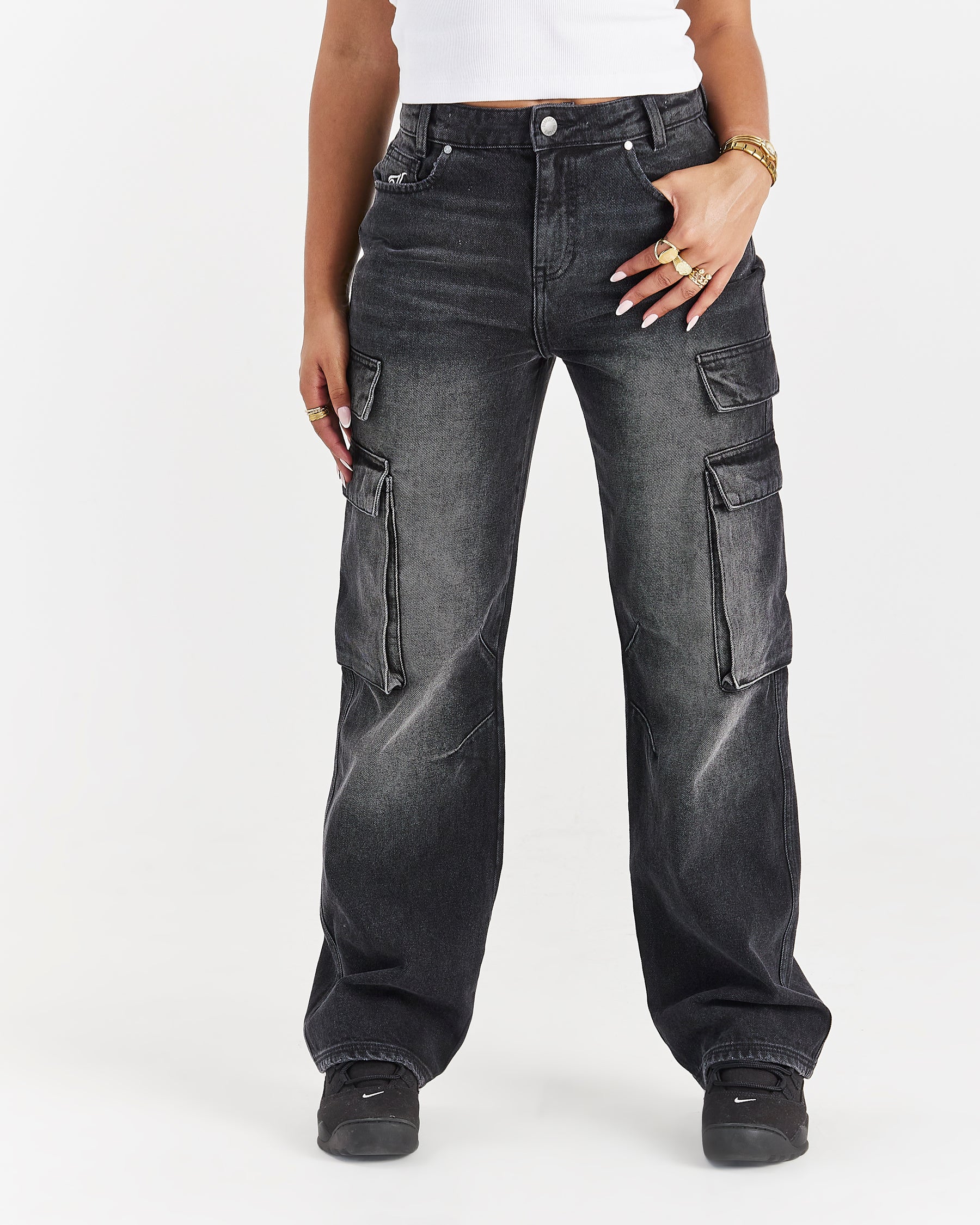 Script Wide Leg Jeans - Black Wash