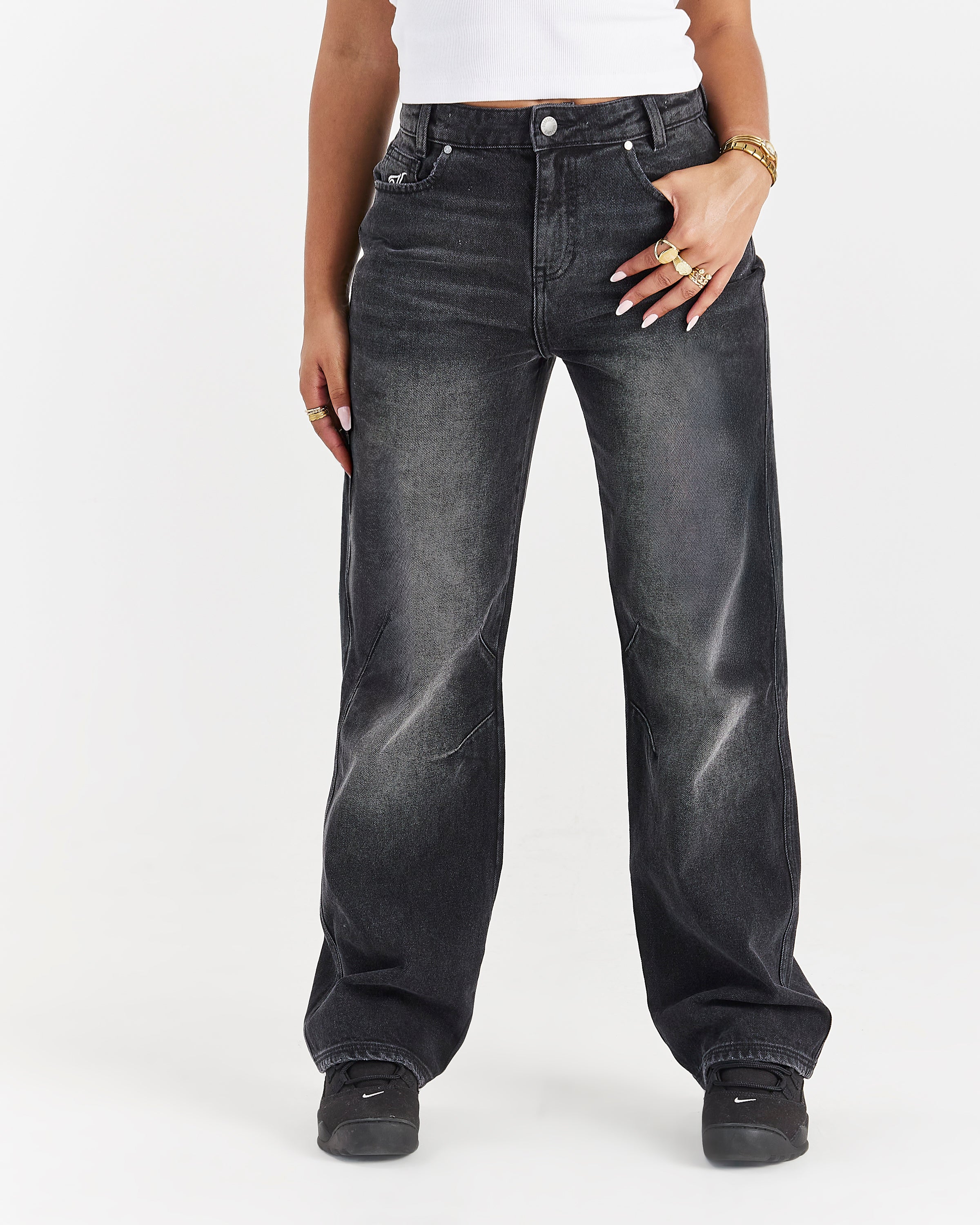 Jeans a gamba larga con scritta - Lavaggio nero