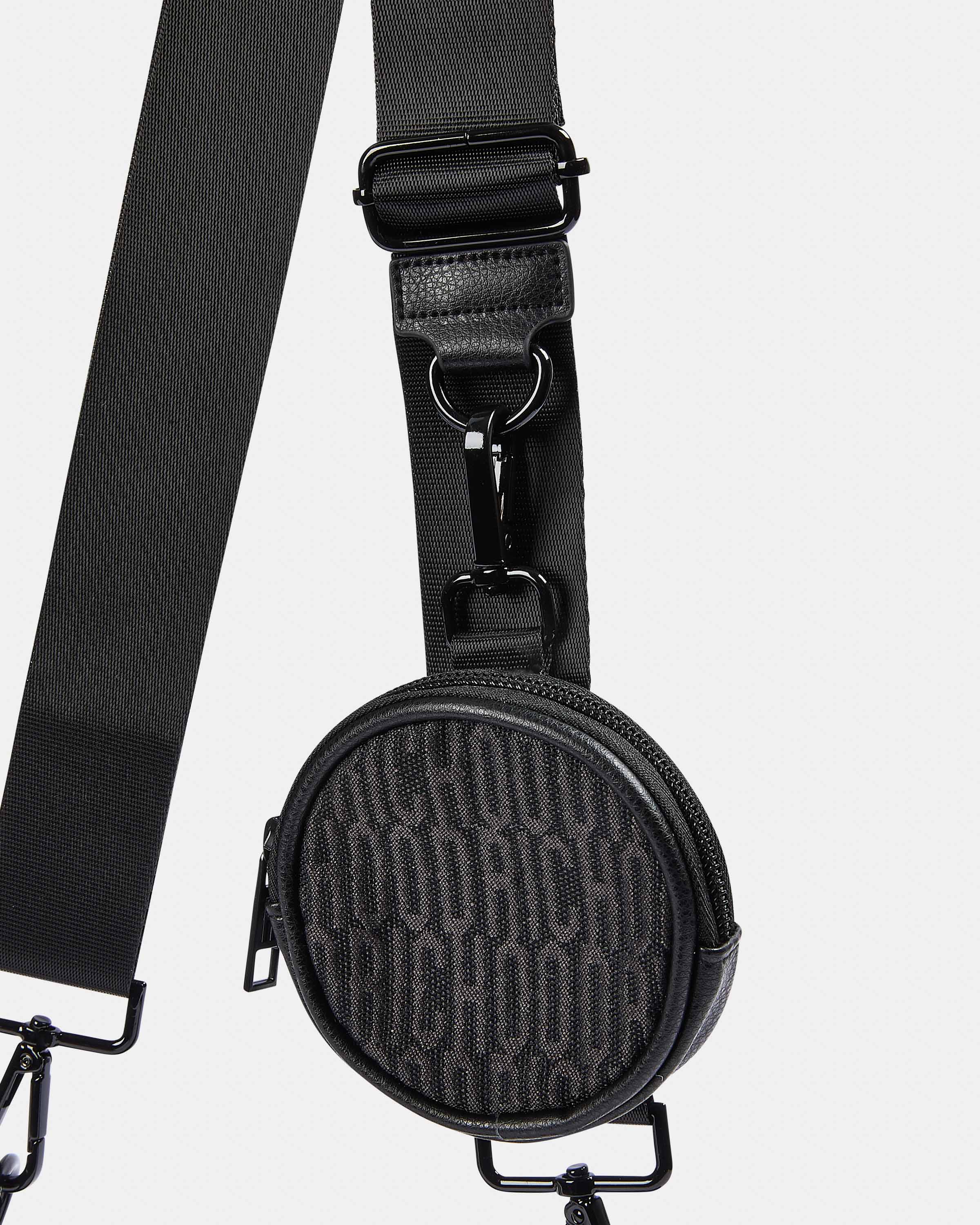 Black bag with a strap on a white background