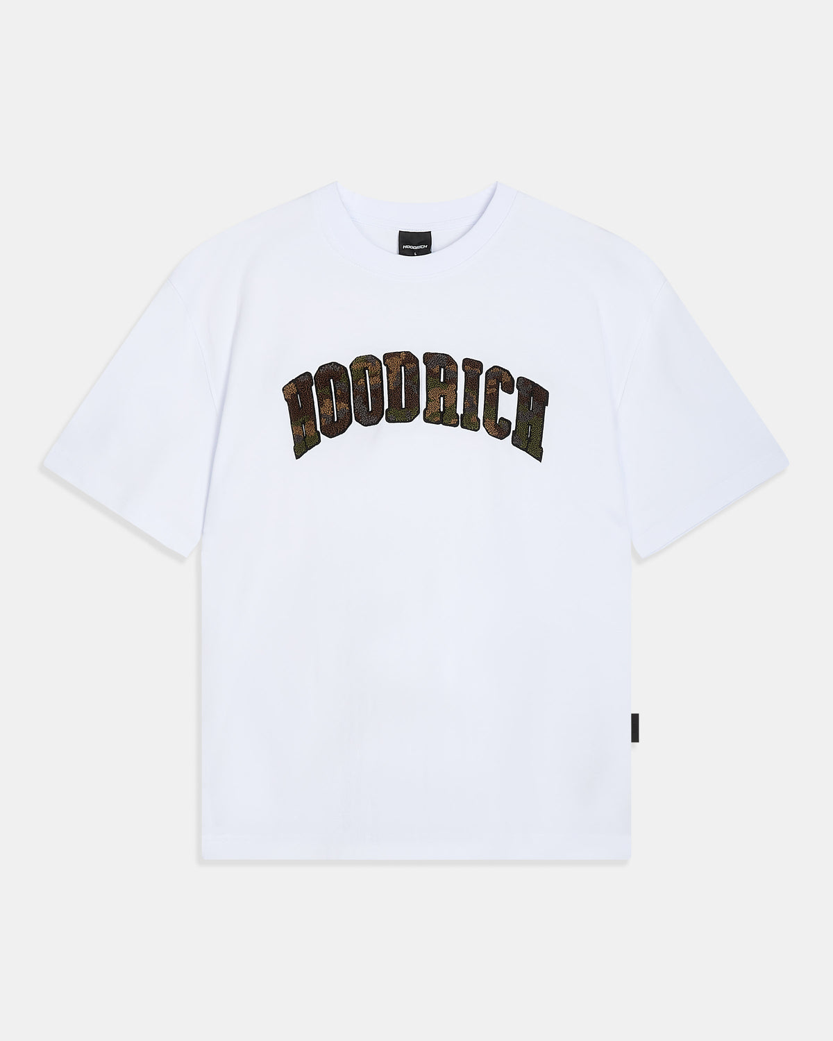 A white short-sleeve crewneck t-shirt featuring the word 'HOODRICH' printed in an arched, camouflage-patterned font across the chest, displayed on a light gray background.