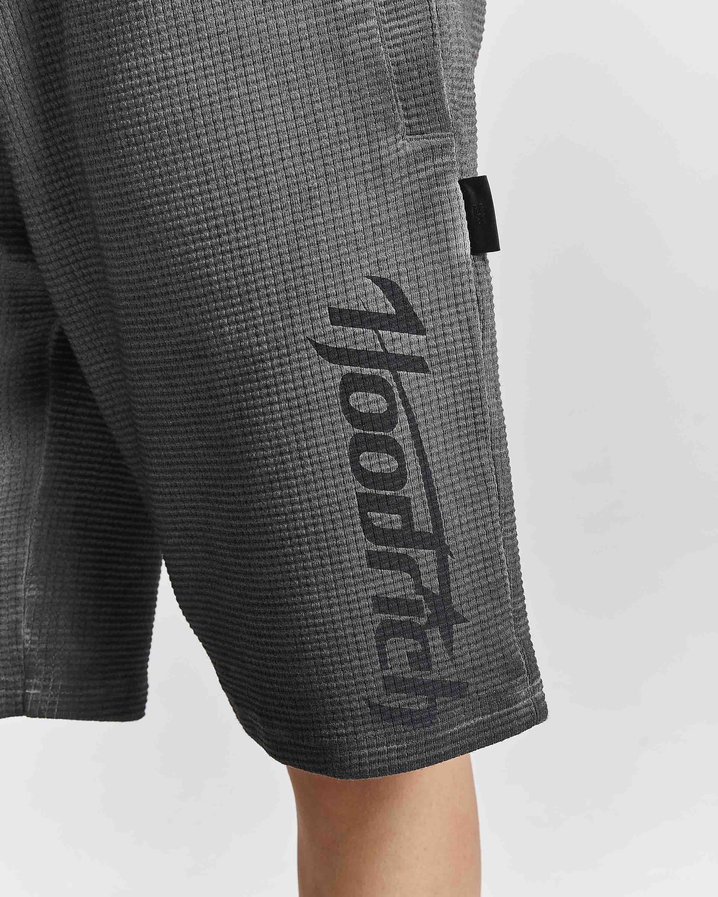 Close-up of dark gray waffle-knit shorts with a large black vertical 'hoodrich' logo printed on the side, worn by a model against a light gray background.