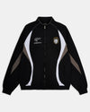 Black jacket with white and gray accents featuring logos on a light gray background