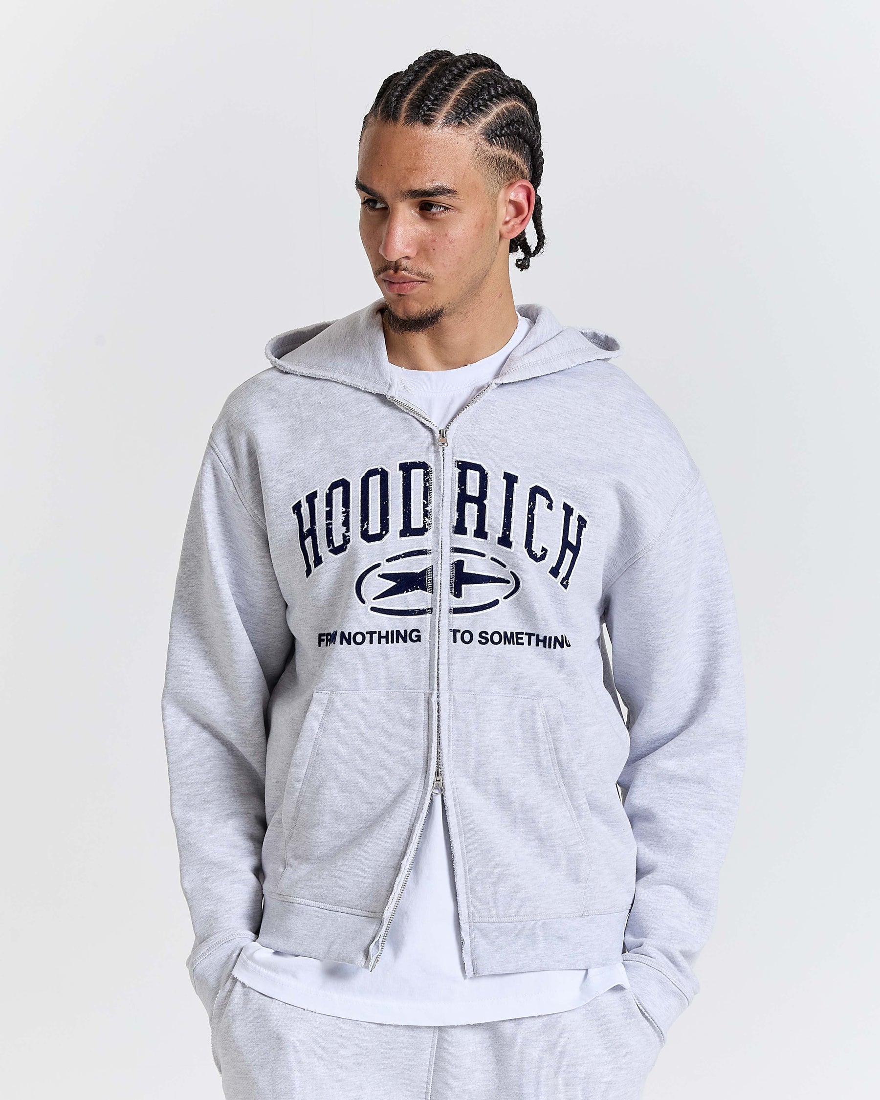 Fray Zip Relaxed Fit Hoodie - Grey Marl