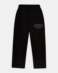 Black wide-leg joggers featuring a high-waisted elasticated waistband and side pockets.