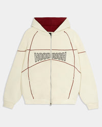 Beige hoodie with 'HOOD RICH' text on a white background