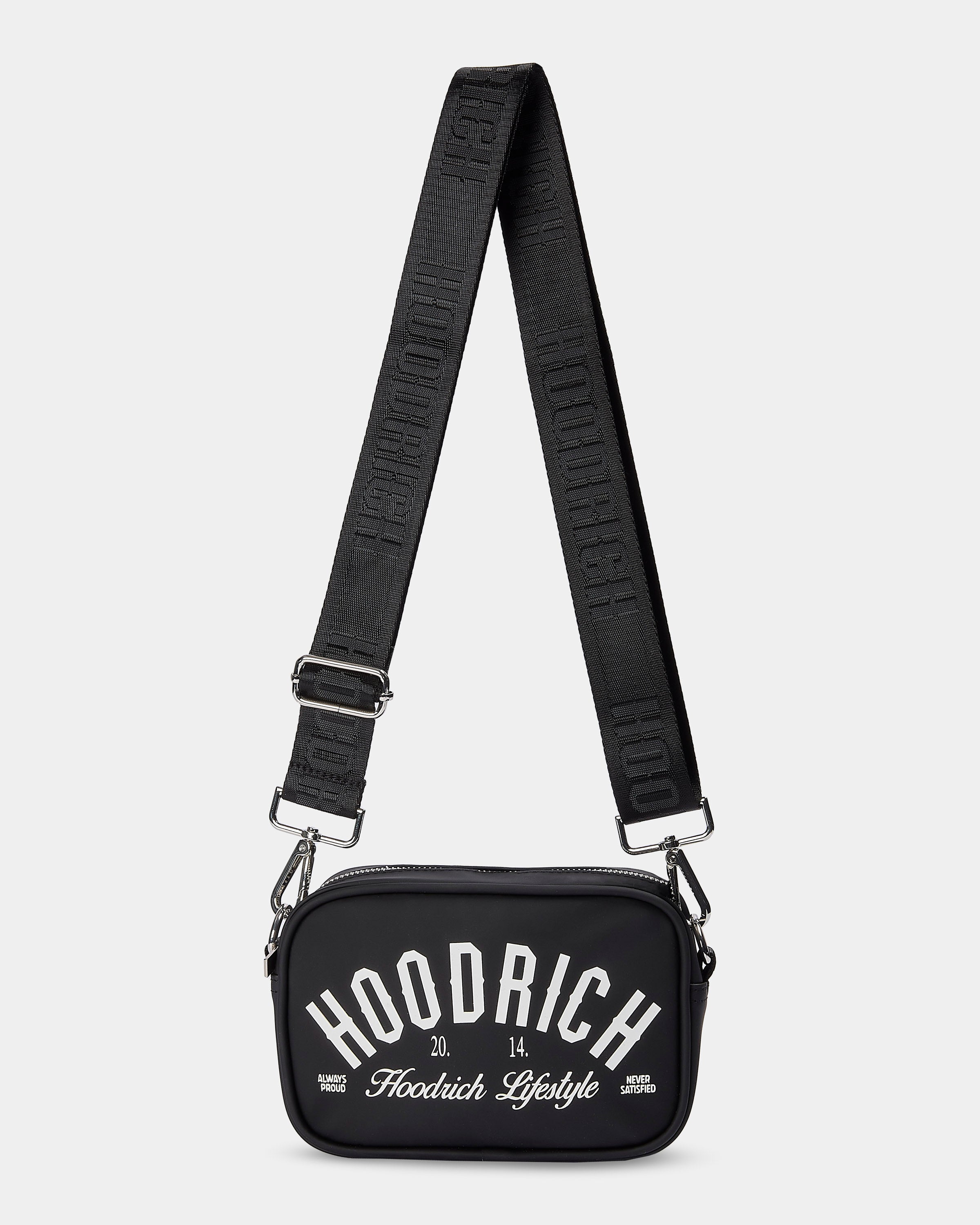 Black crossbody bag with 'Hoodrich' branding on a light gray background