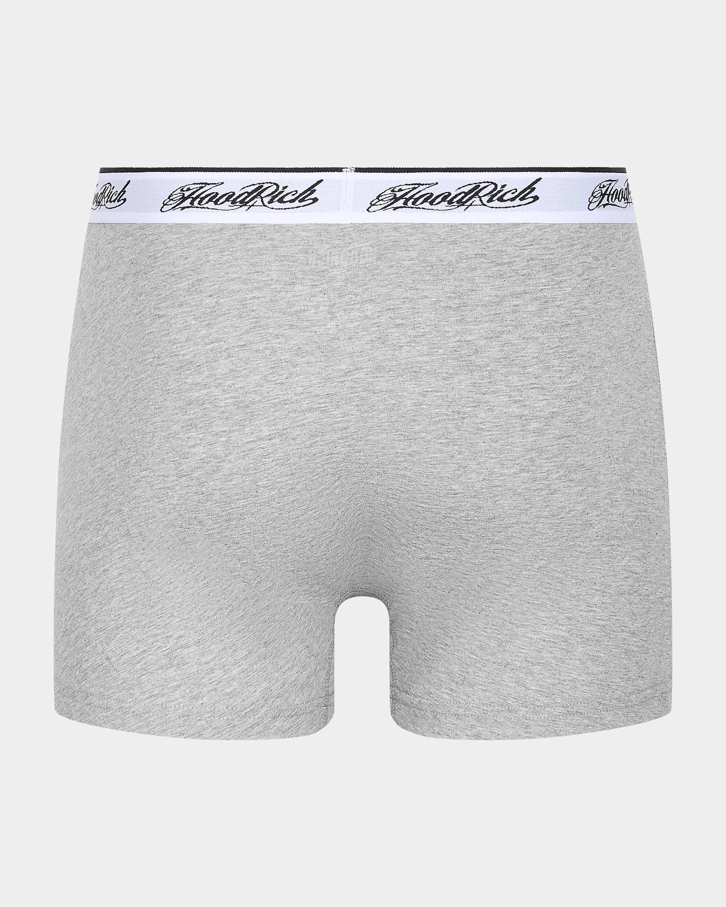 Gray boxer briefs with a white waistband featuring branding on a light gray background