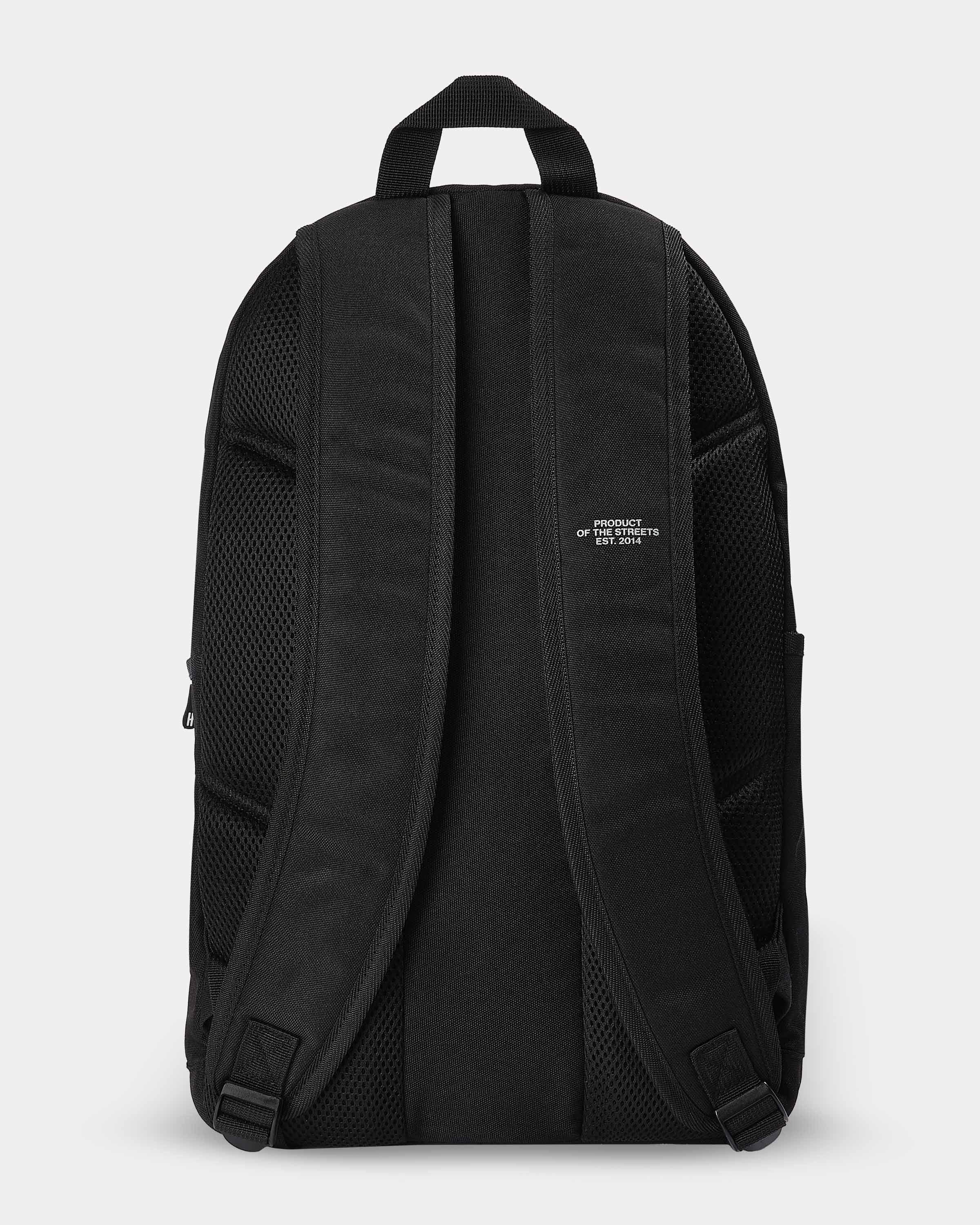 Black backpack on a light gray background