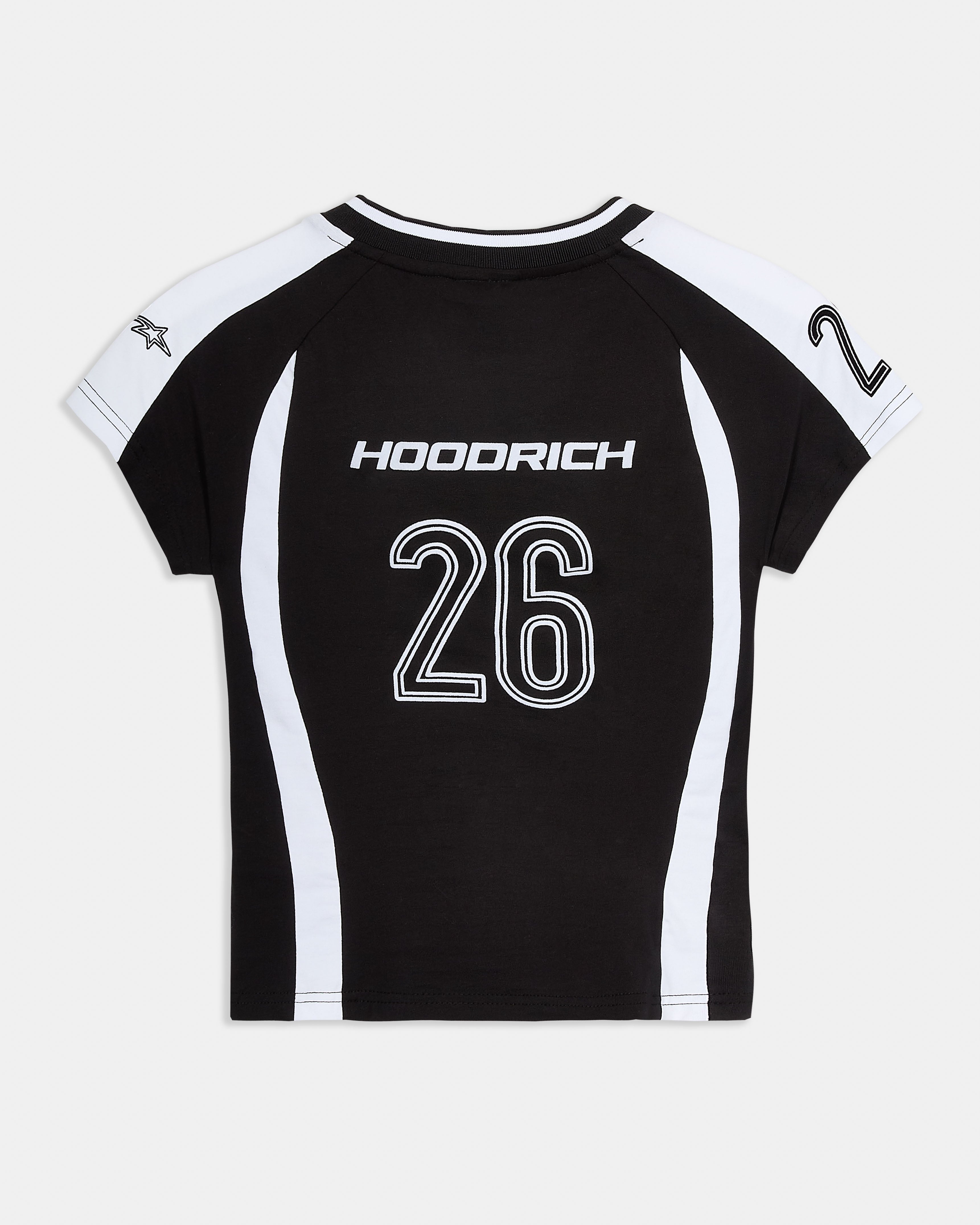 Black and white sports jersey with 'Hoodrich' and number '26' on a white background