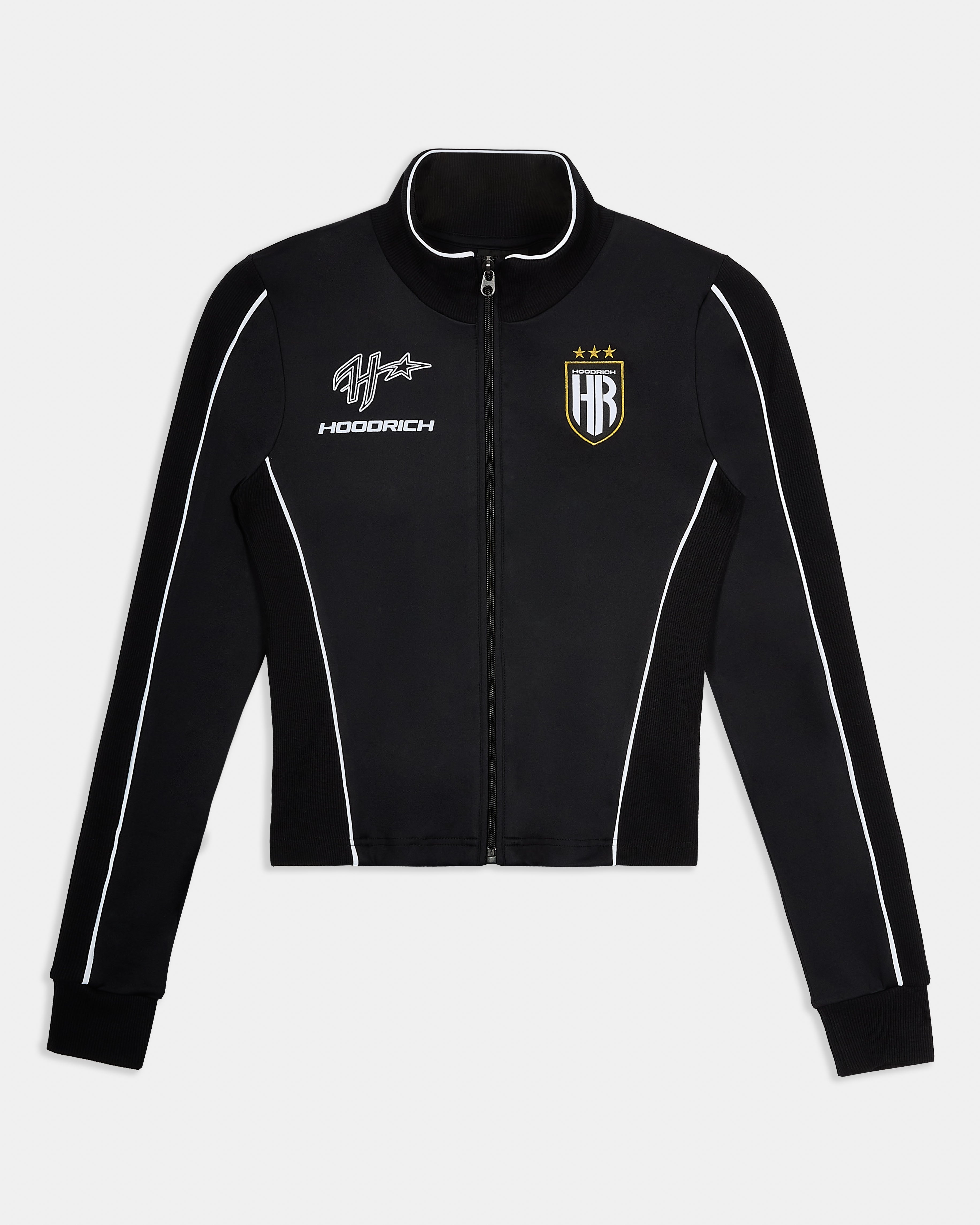 Black jacket with white accents and logos on a light gray background