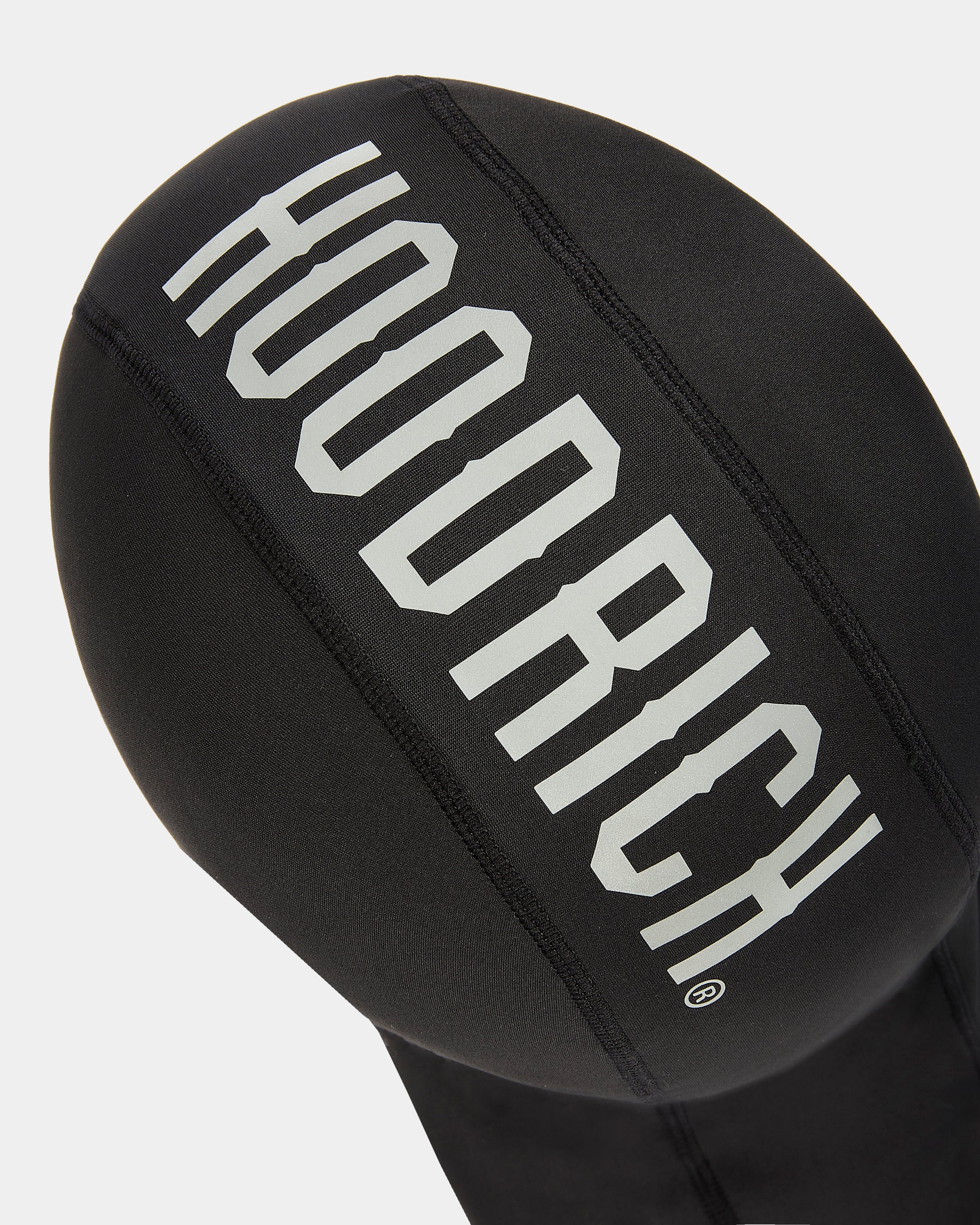 Black balaclava with 'Hoodrich' branding on a white background