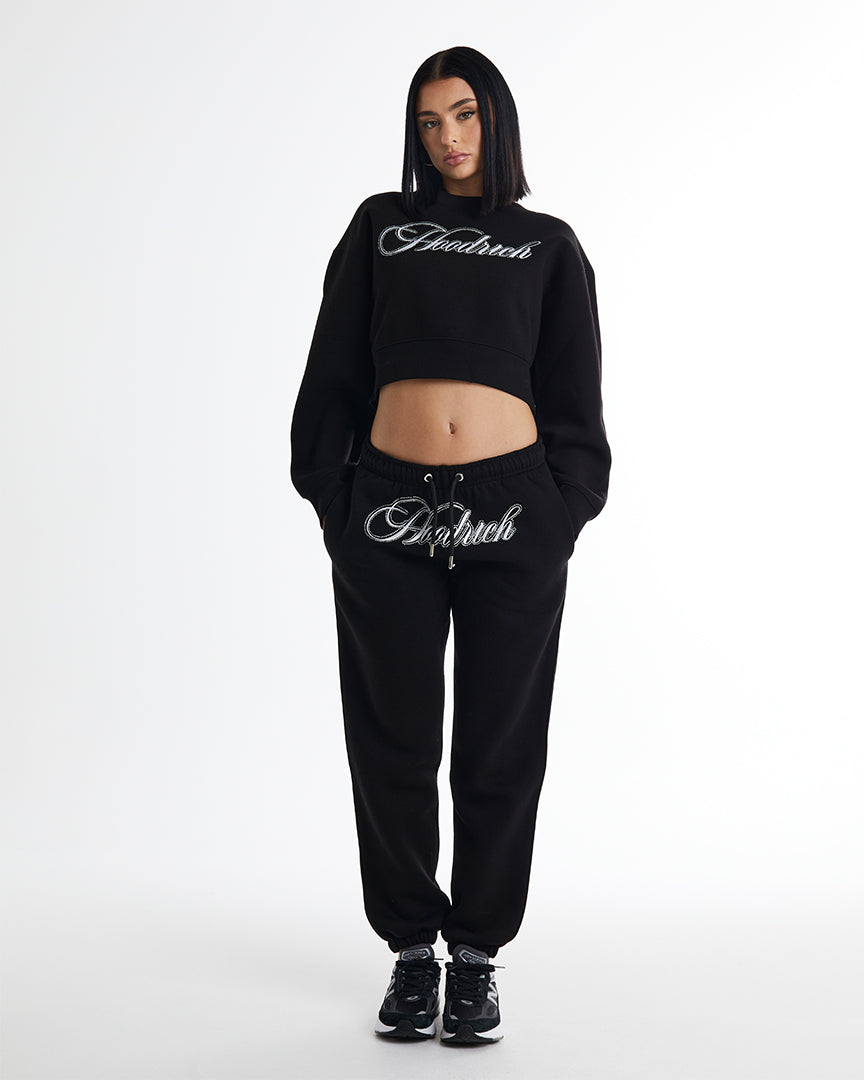 Figure Cropped Sweatshirt - Black/White/Rhinestone