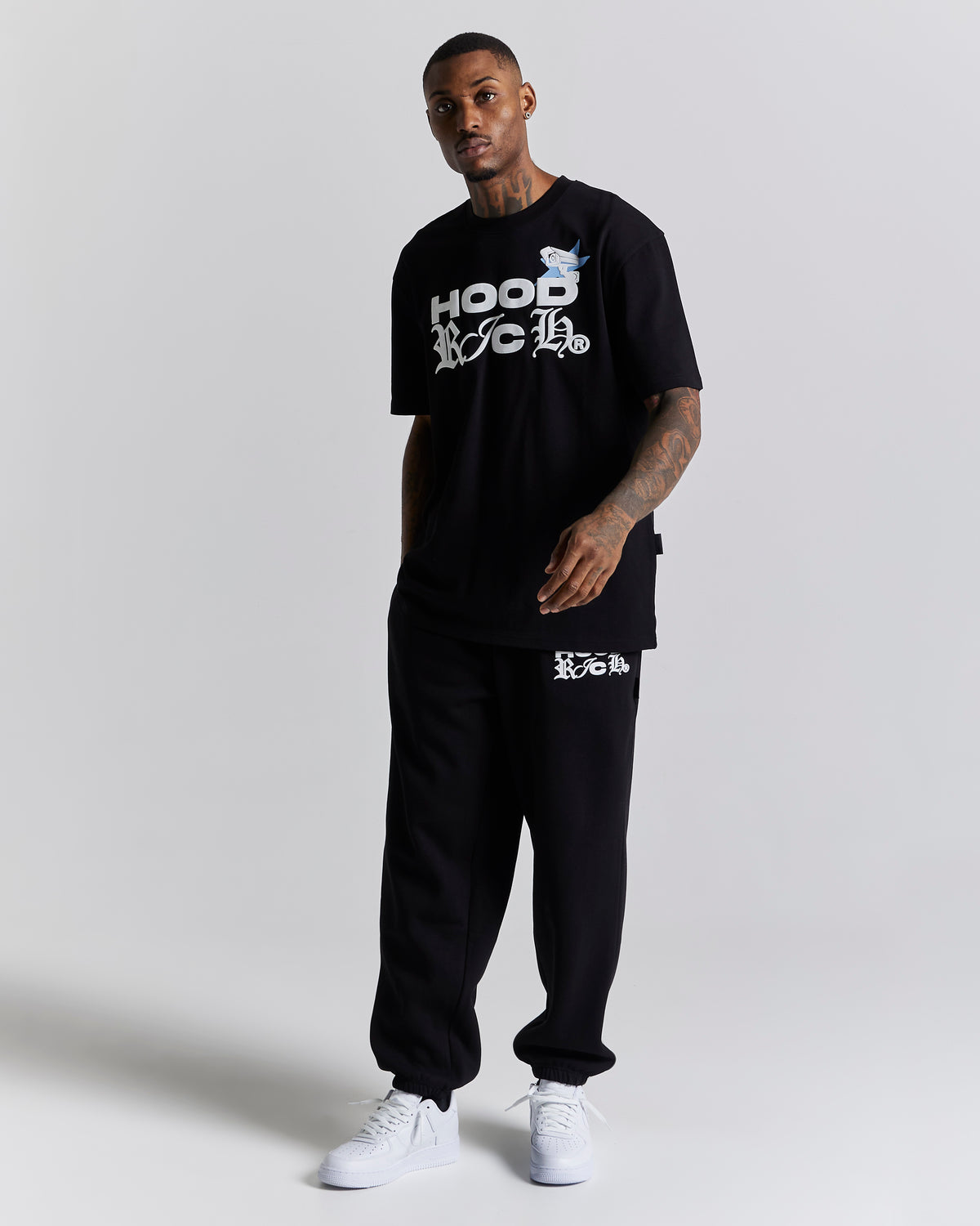 T-shirt oversize con scritta "Sorveglianza" - Nero/Bianco/Blu