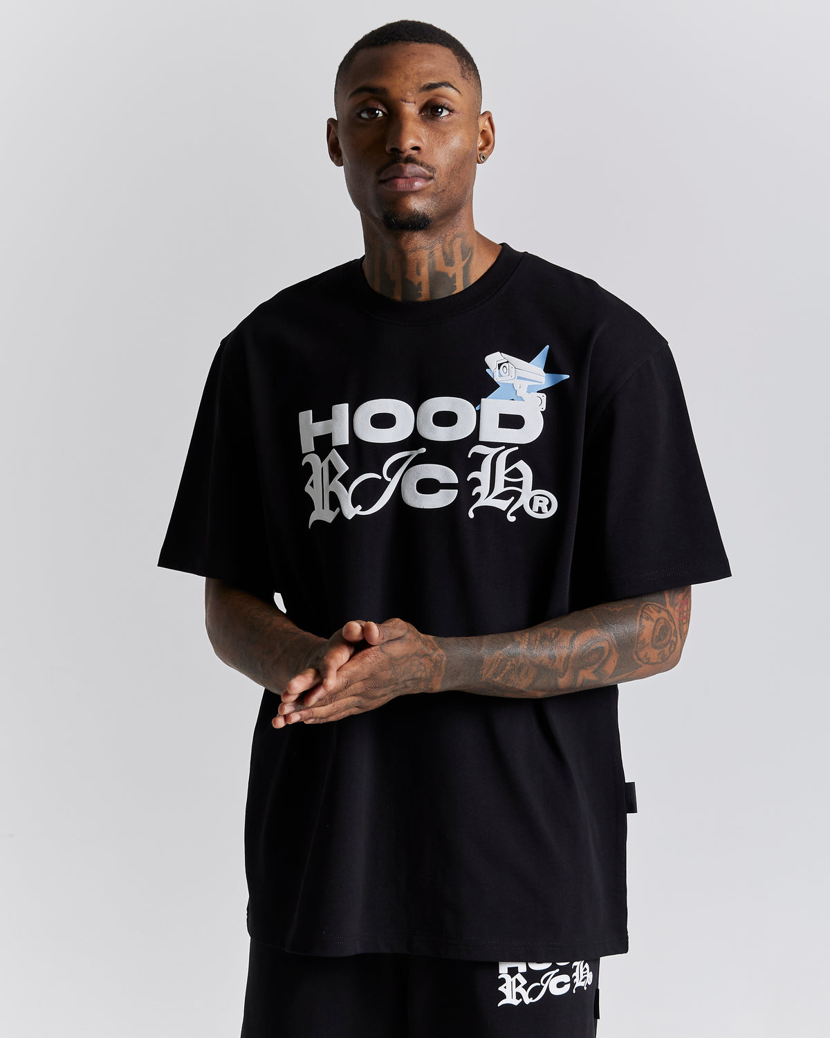 T-shirt oversize con scritta "Sorveglianza" - Nero/Bianco/Blu