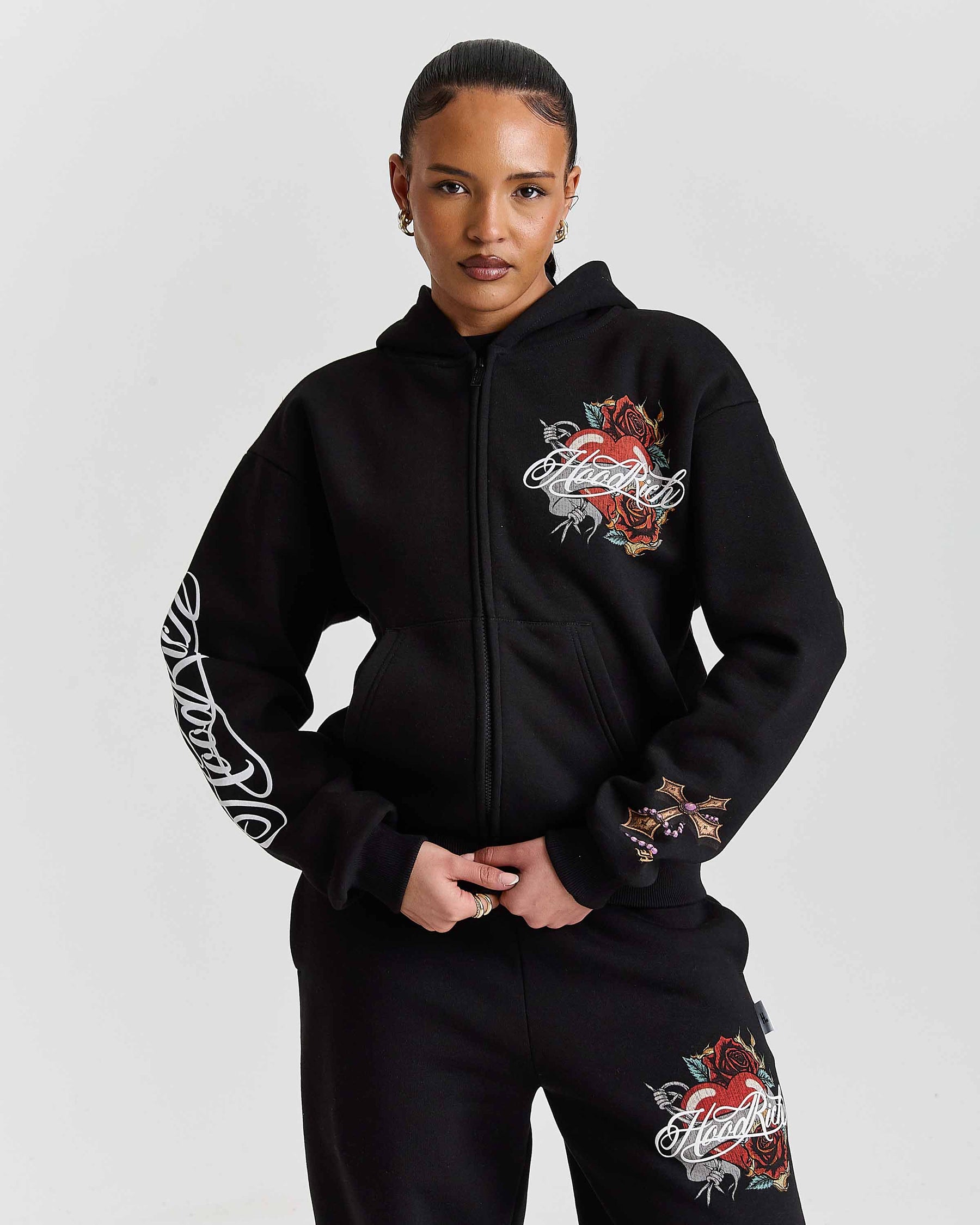 Felpa con cappuccio e zip di media lunghezza Vox - Nero/Rosso