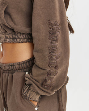 Collision Relaxed Cropped Zip Hoodie - Brown