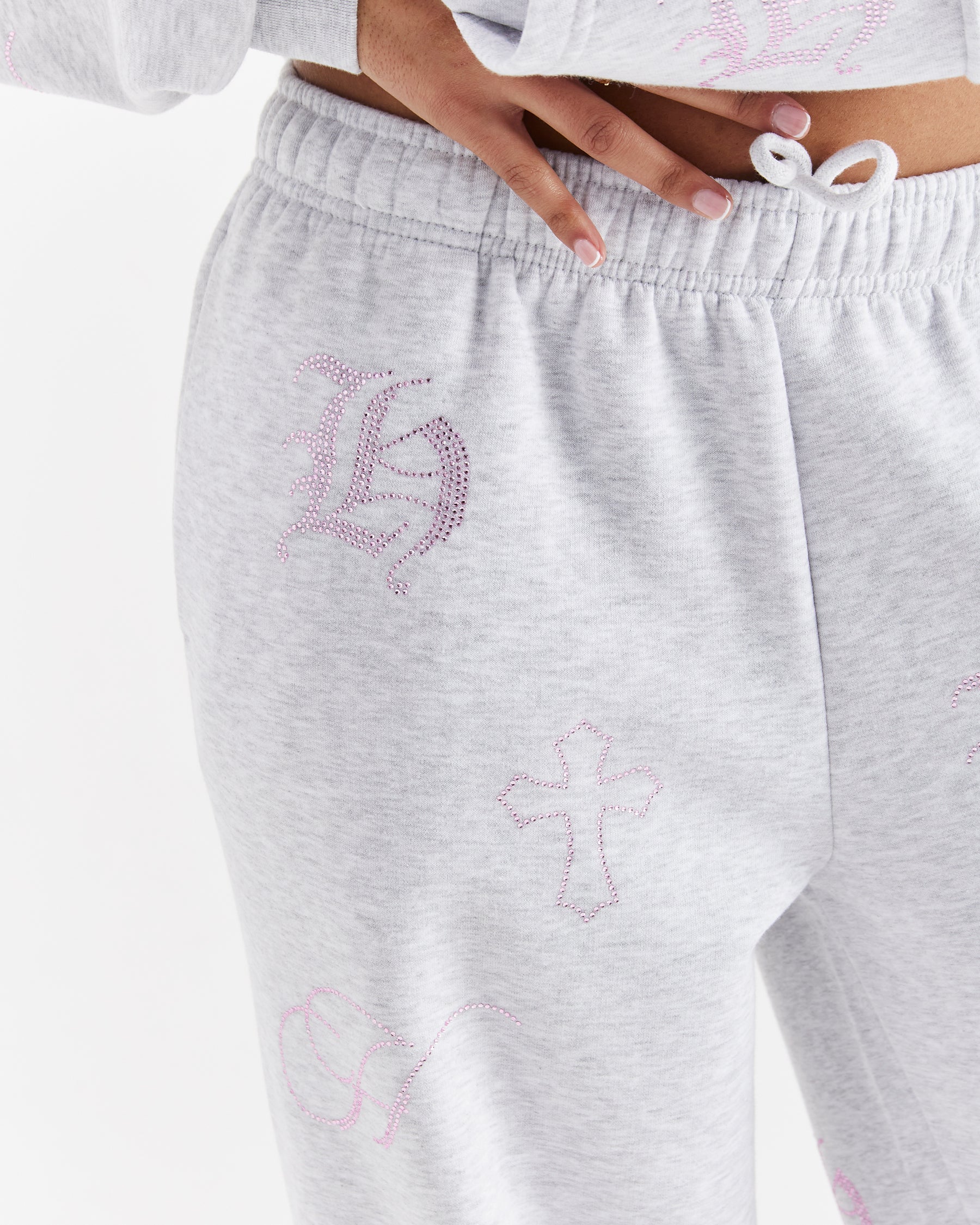 Crystal Oversized Jogger - Light Grey/Pink Rhinestone