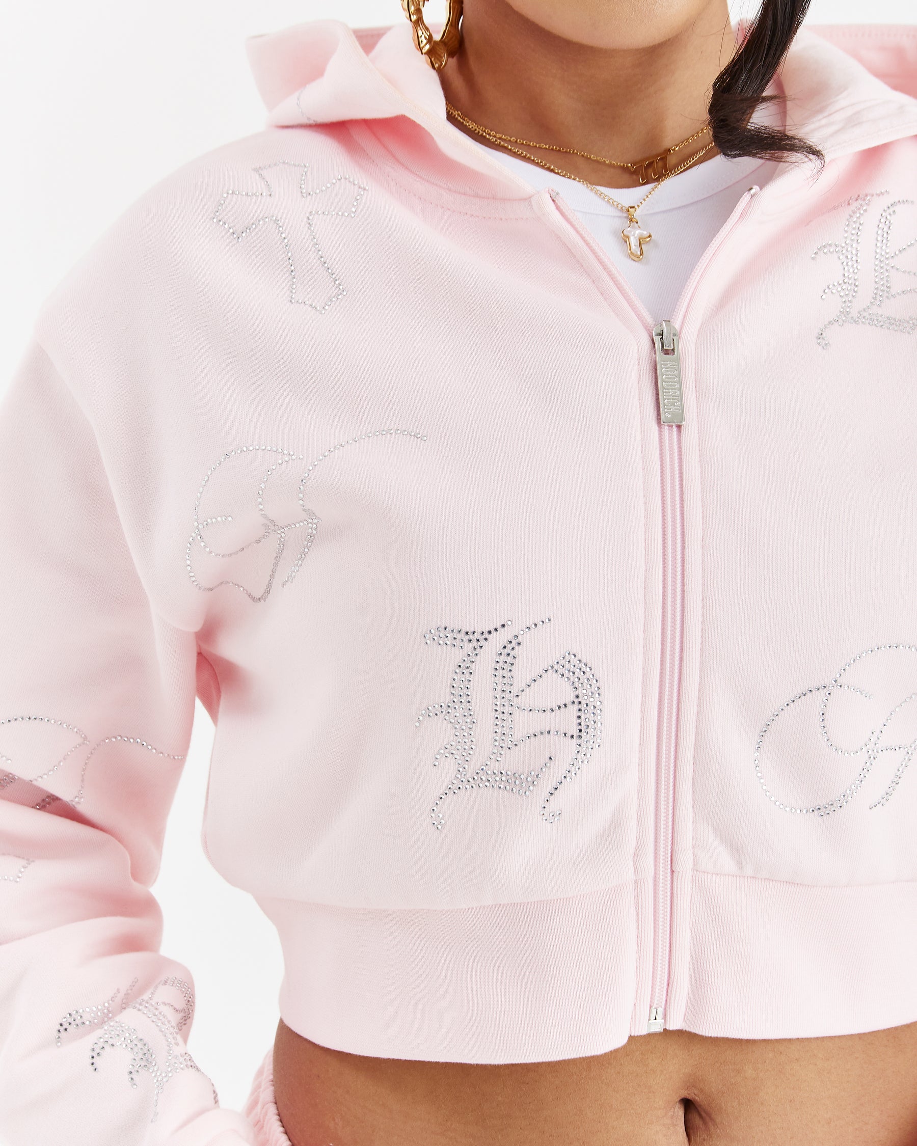 Crystal Cropped Zip Hoodie - Pink/Rhinestone