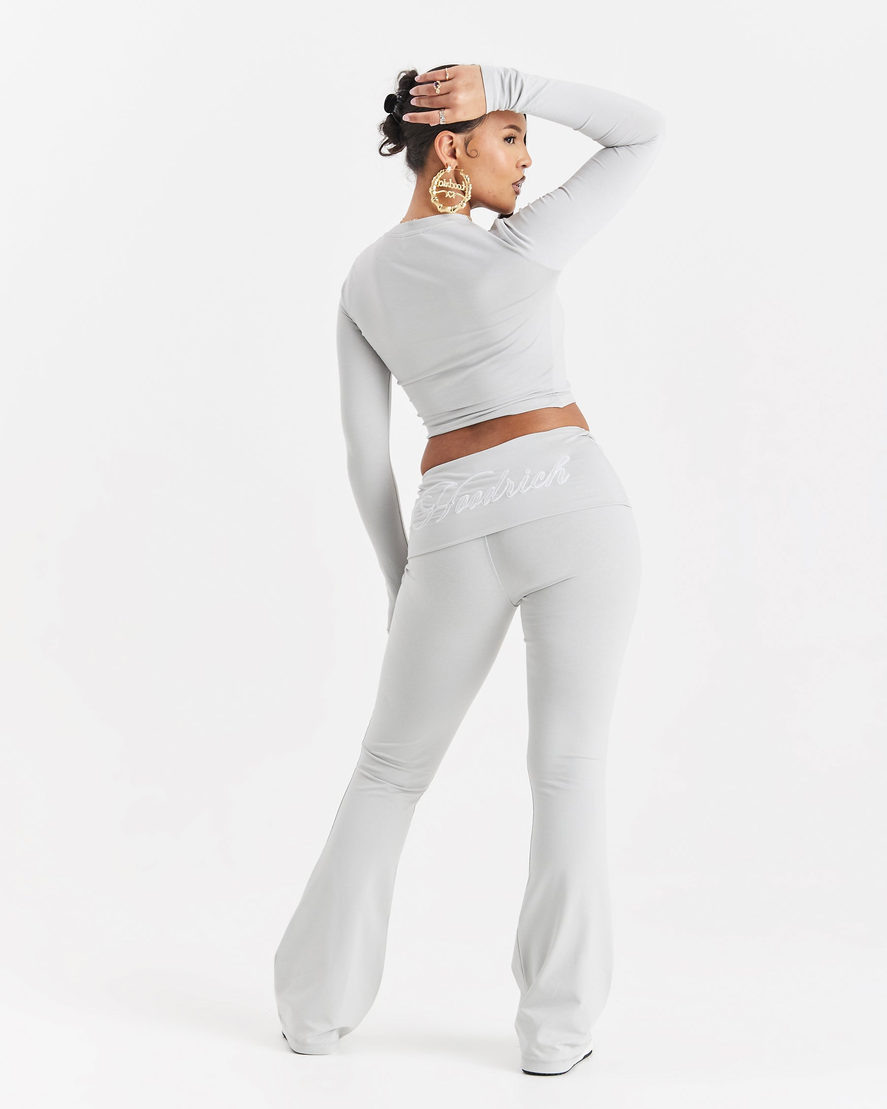 Poise Fold Waist Flare Leggings - Light Grey/White