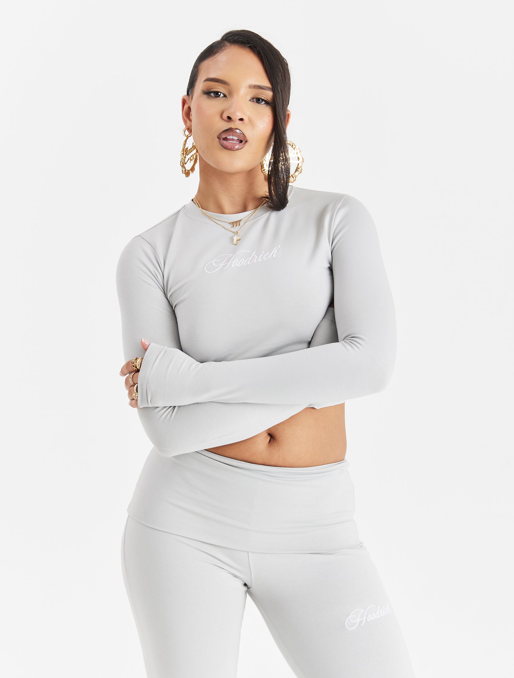 Poise Long Sleeve Fitted Tee - Light Grey/White