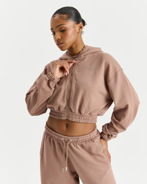 Detach Cropped Zip Through Hoodie - Brown