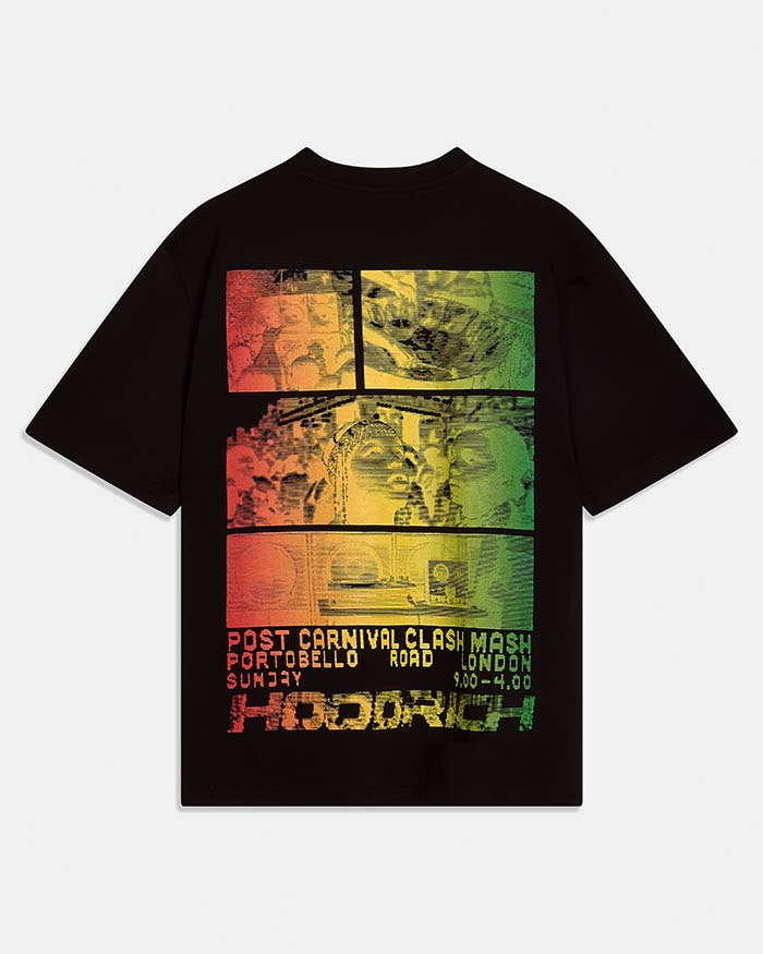 A black short-sleeve graphic t-shirt featuring a large rectangular multicolor print on the front. The graphic is divided into four panels with a red, yellow, and green gradient, showing a collage of faces and text at the bottom reading 'POST CARNIVAL CLASH MASH PORTOBELLO ROAD LONDON SUNDAY 10-4:30' and 'HOODRICH'.