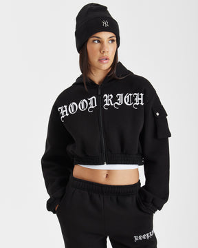 Dusk Full Zip Cropped Hoodie - Black/White