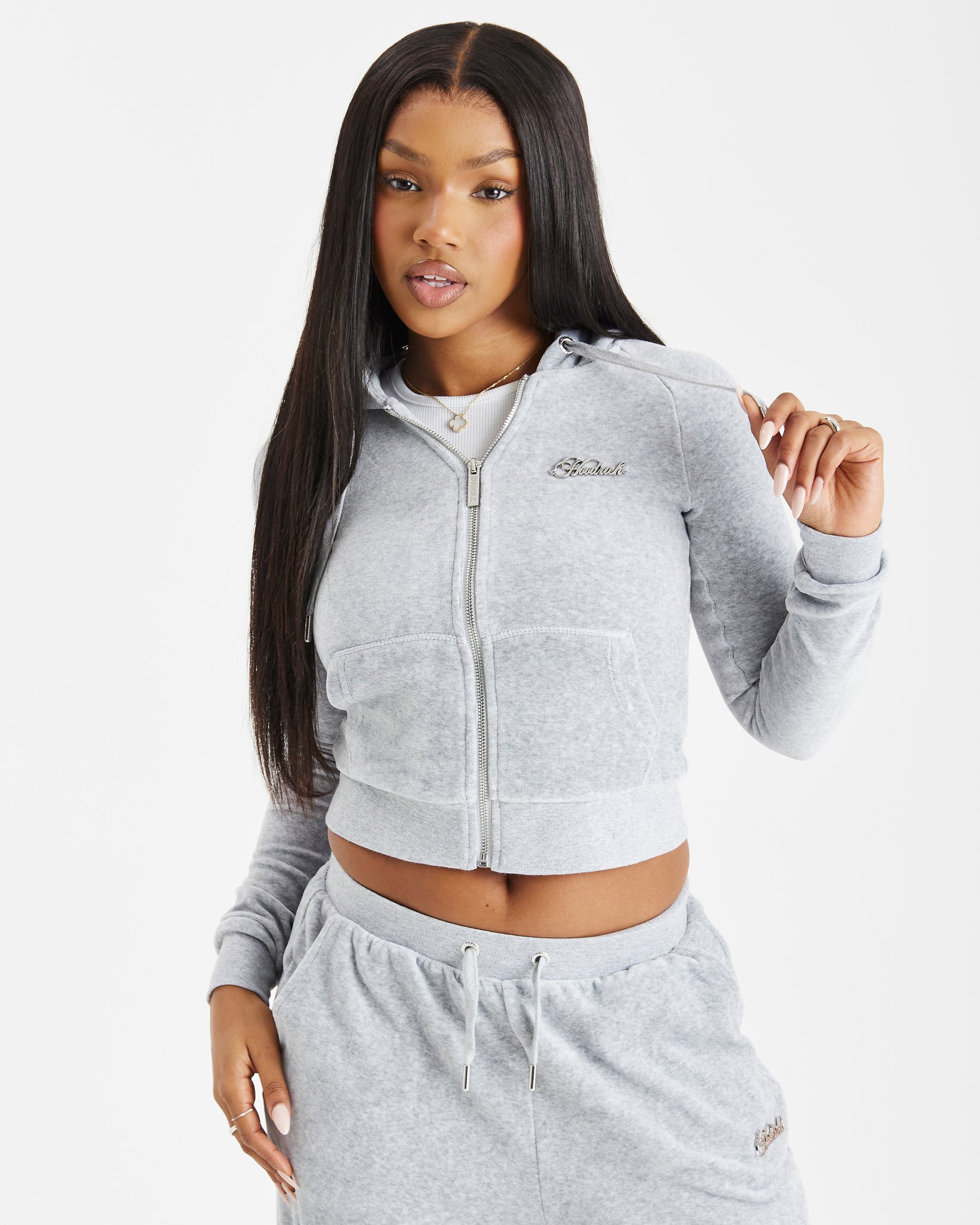 Figure Velour Zip Hoodie - Grey/Silver/Rhinestone